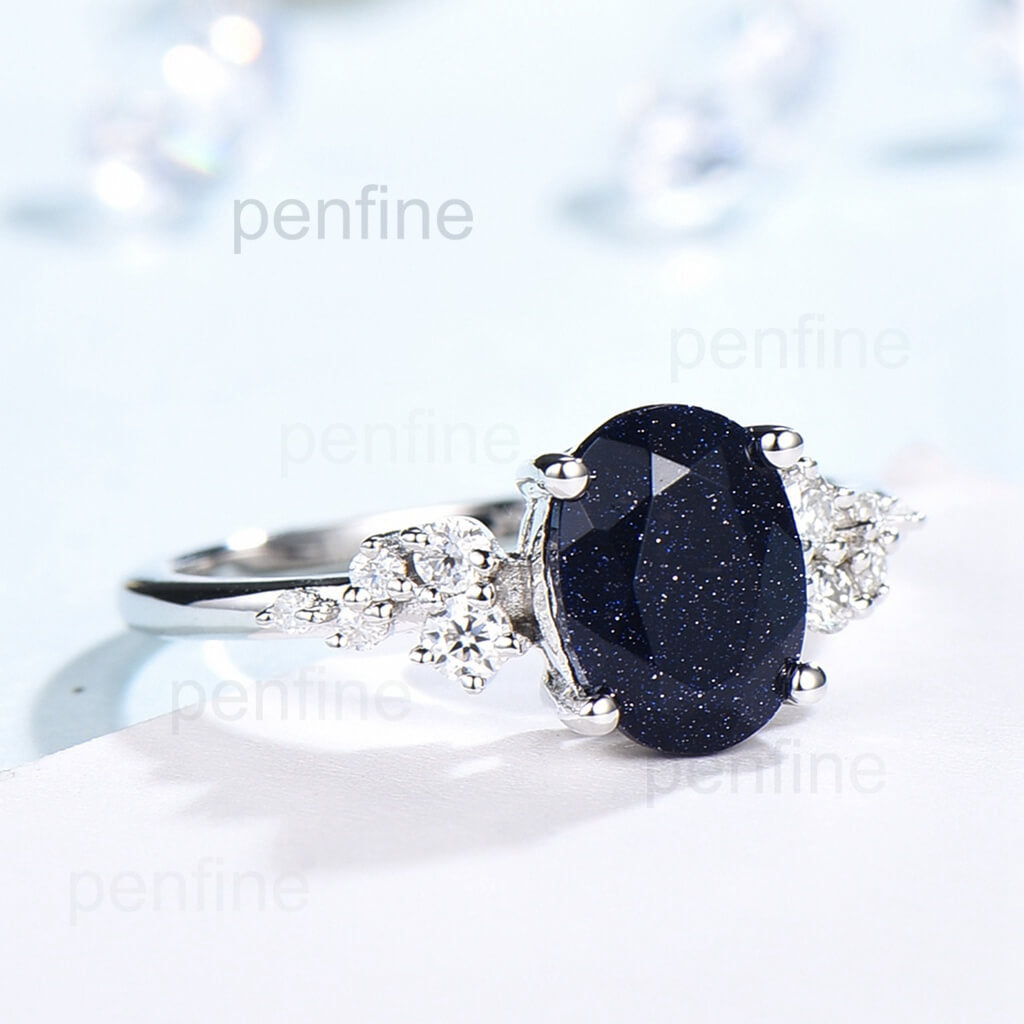 Oval Blue Sandstone Cluster Galaxy Engagement Ring YS301 - Elegant Wedding Band for Women, Unique Promise Ring for Her - Perfect for Proposals, Anniversaries & Special Occasions