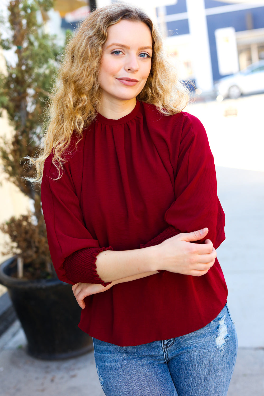 Bold Dreams Wine Smocked Three Quarter Sleeve Tie Back Top - Elegant Women's Blouse for Date Night, Cocktail Parties & Summer Outings