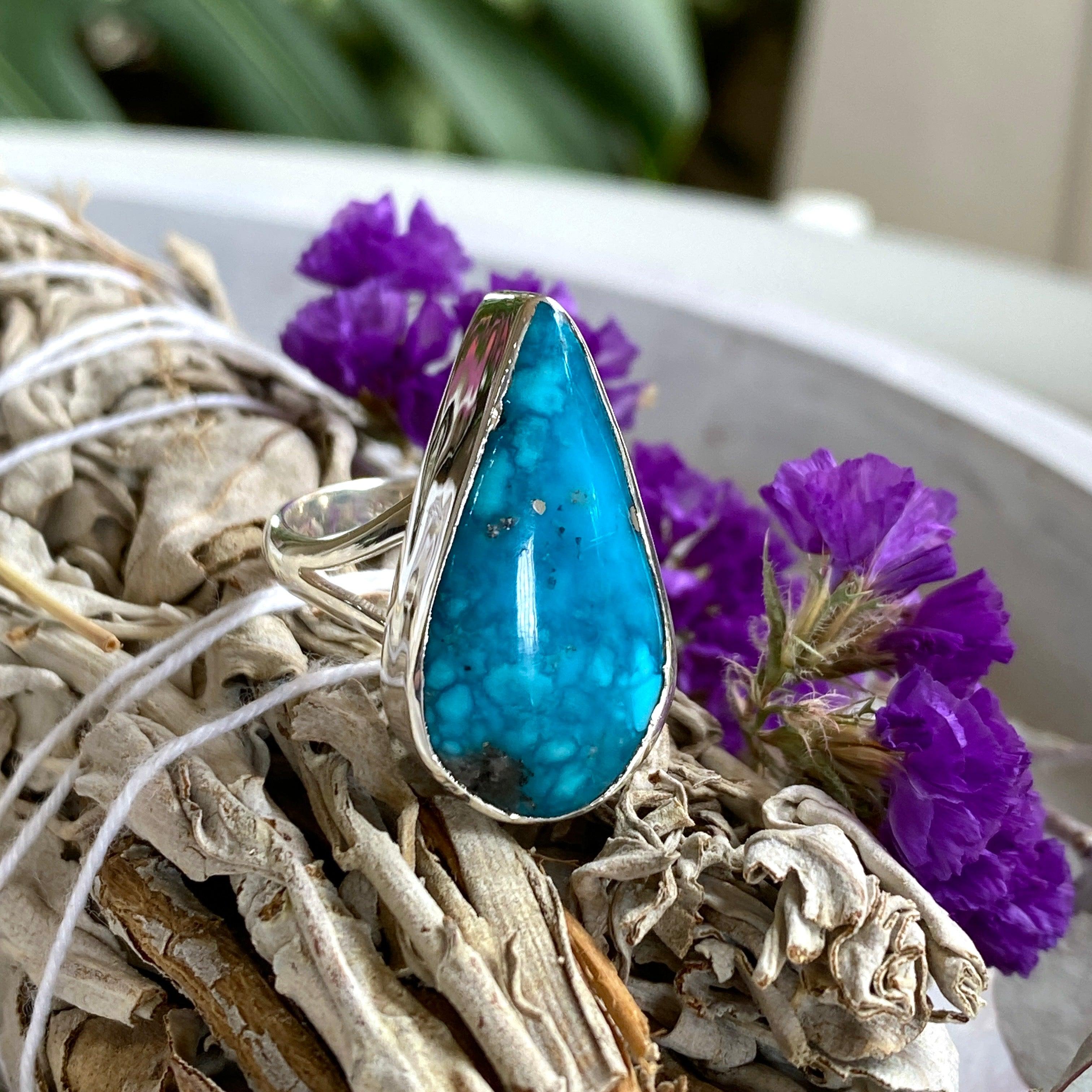 Iranian Turquoise Teardrop Ring - Size 9 - KRGJ2542 - Elegant Handmade Jewelry for Women, Perfect for Weddings, Parties & Special Occasions