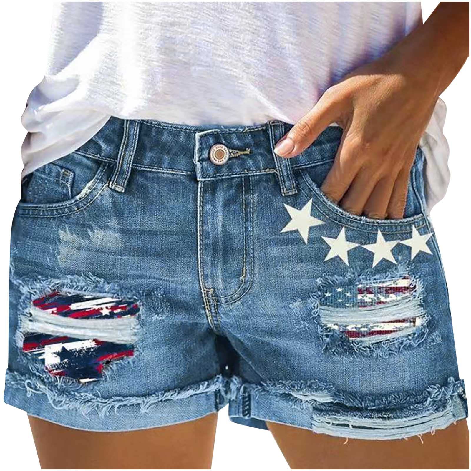 4th of July Patriotic Denim Shorts for Women - Summer Stretch Jeans for BBQ & Parties