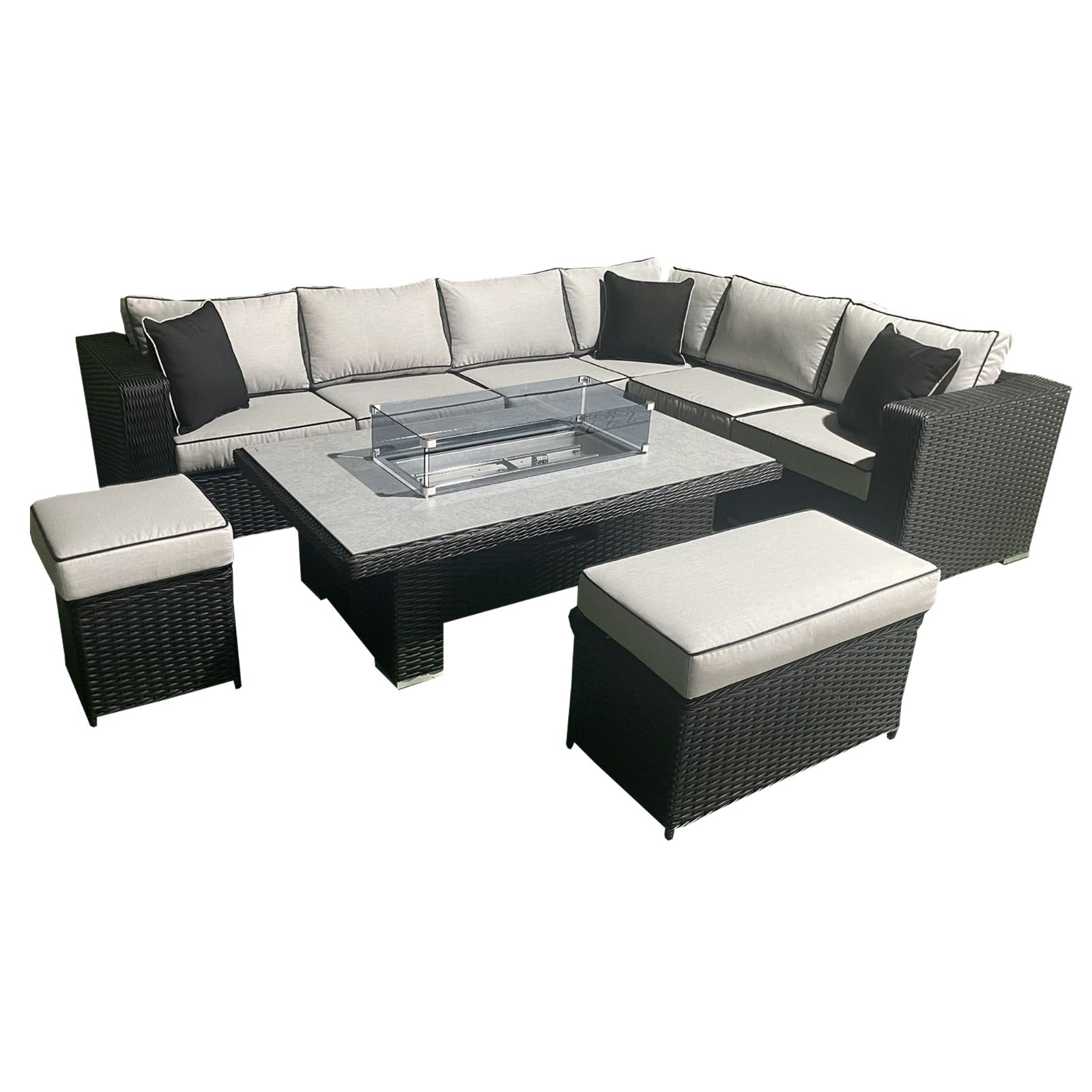 Luxury Black Rattan L-Shaped Patio Set with Fire Pit Table - Outdoor Furniture for Garden, Backyard, and Poolside Relaxation