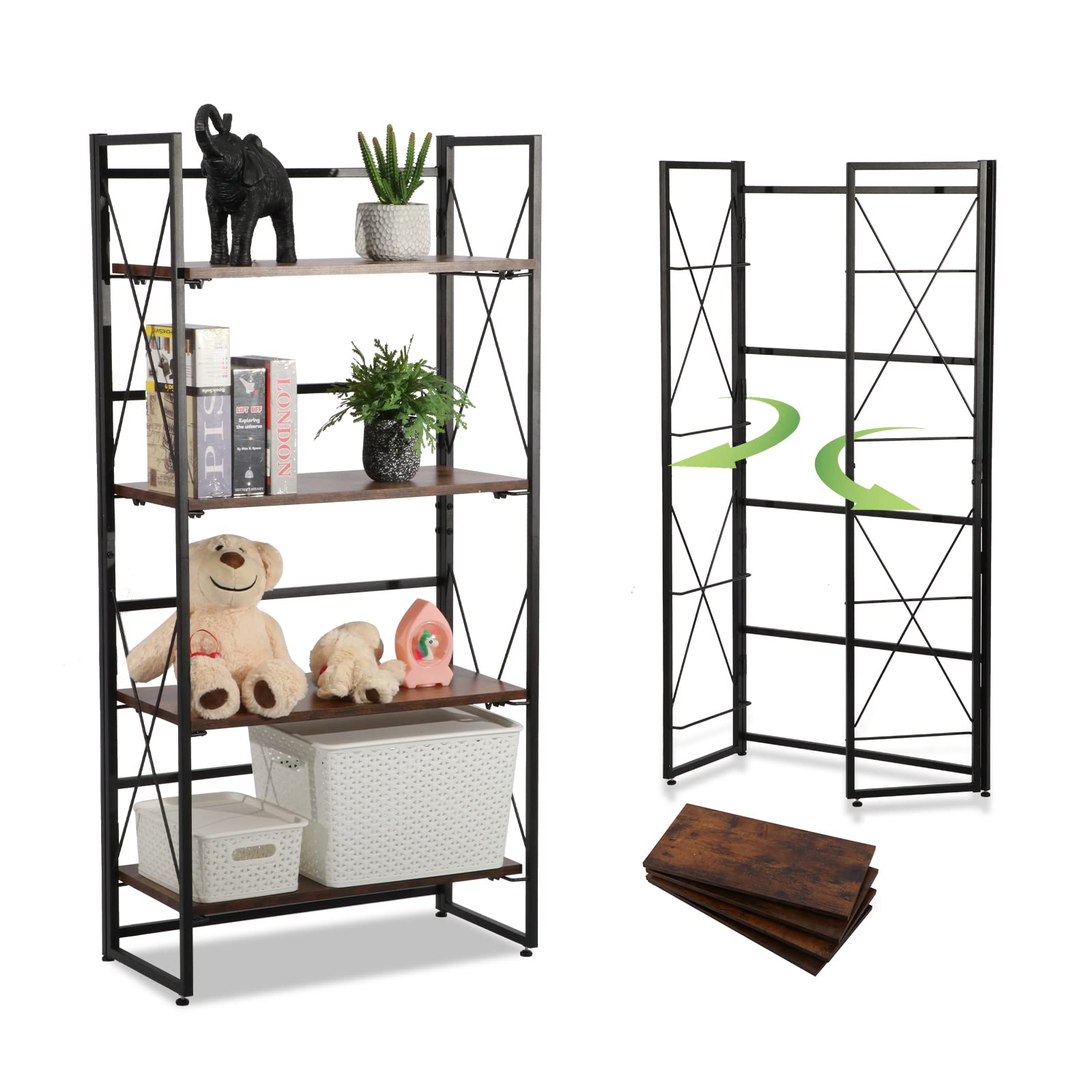 Vintage 4-Tier No-Assembly Folding Bookshelf - Metal Frame Storage Shelf for Books, Plants & Home Office Organization | Space-Saving Book Rack & Flower Stand for Living Room, Bedroom & Study
