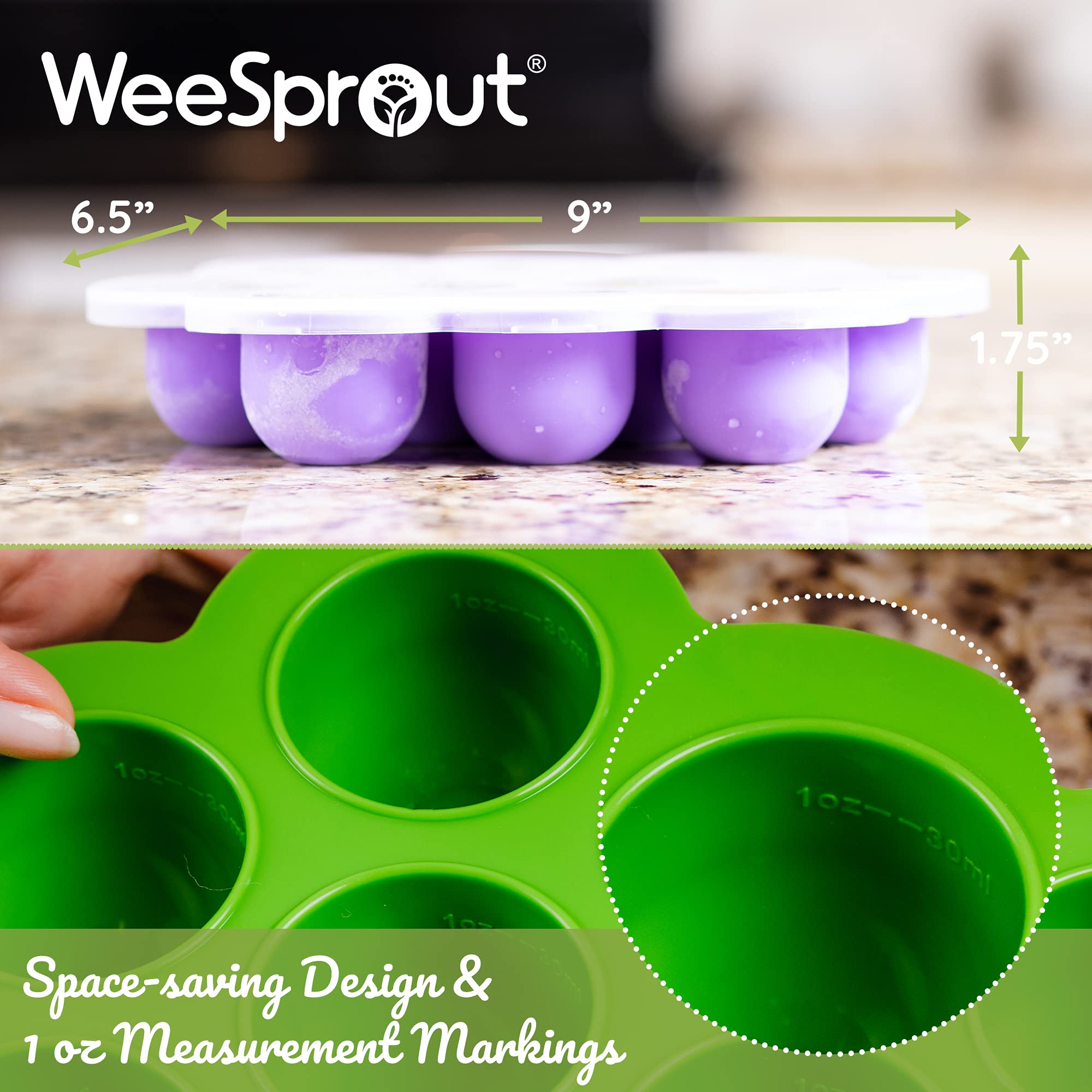 WeeSprout Silicone Baby Food Freezer Tray with Clip-on Lid - BPA-Free Storage Container for Homemade Baby Food, Vegetable Puree, Fruit Puree & Breast Milk | Perfect for Meal Prep, Baby Led Weaning & Breast Milk Storage