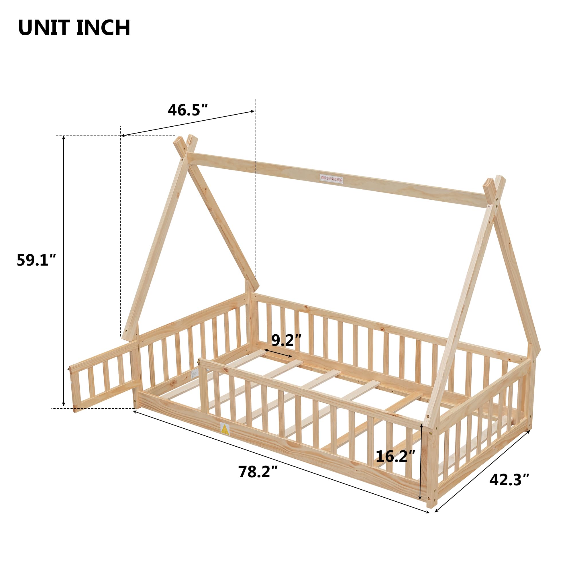 Montessori Twin Floor Bed for Kids - Natural Wood Teepee Tent Bed Frame with Slats, Guardrails & Safety Door - Perfect for Boys & Girls Bedrooms, Playrooms & Montessori Learning Spaces