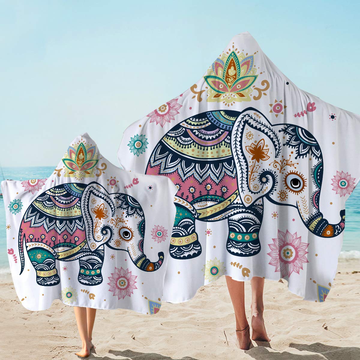 Sleepwish Hooded Elephant Towel - Soft & Absorbent 50x60 Inch Wearable Bath Wrap for Kids & Adults - Perfect for Beach, Pool, Spa & After-Shower Use (White, Bohemian Style)
