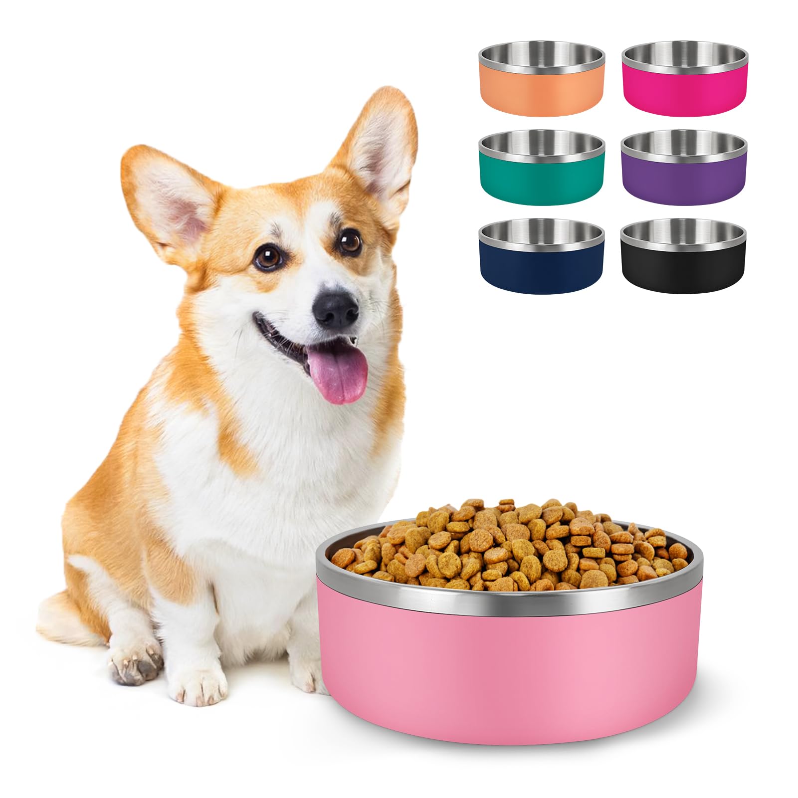 LIHONG Stainless Steel Dog Bowls - Non-Slip, Insulated Pet Food & Water Bowl for Small & Medium Dogs - Rustproof, 40oz, Pink - Perfect for Indoor/Outdoor Feeding & Travel Use