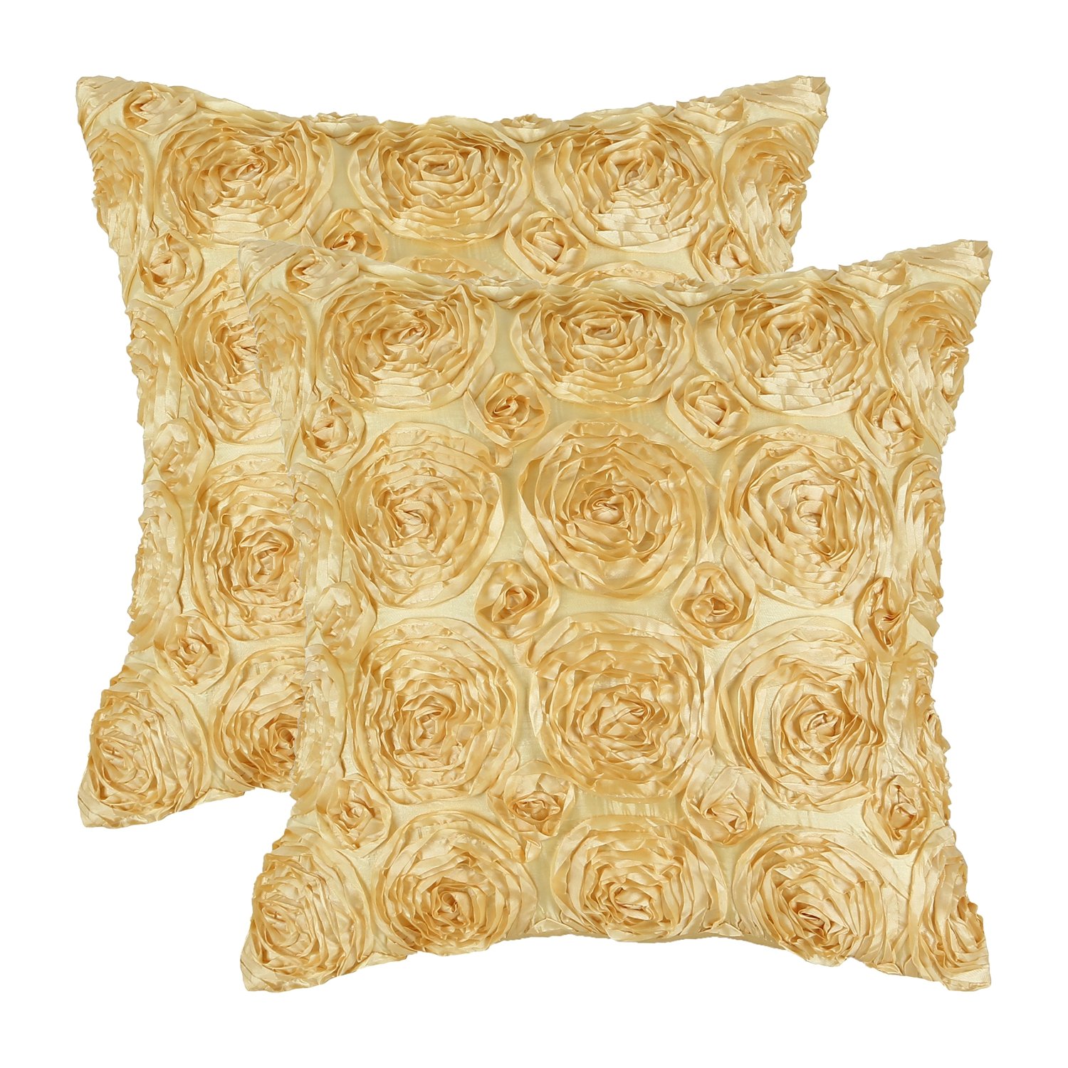 Premium Pack of 2 Floral Cushion Covers - 18x18 Inch Soft Gold Throw Pillow Cases with 3D Rose Design for Sofa, Couch & Home Decor | Perfect for Living Room, Bedroom & Cozy Spaces