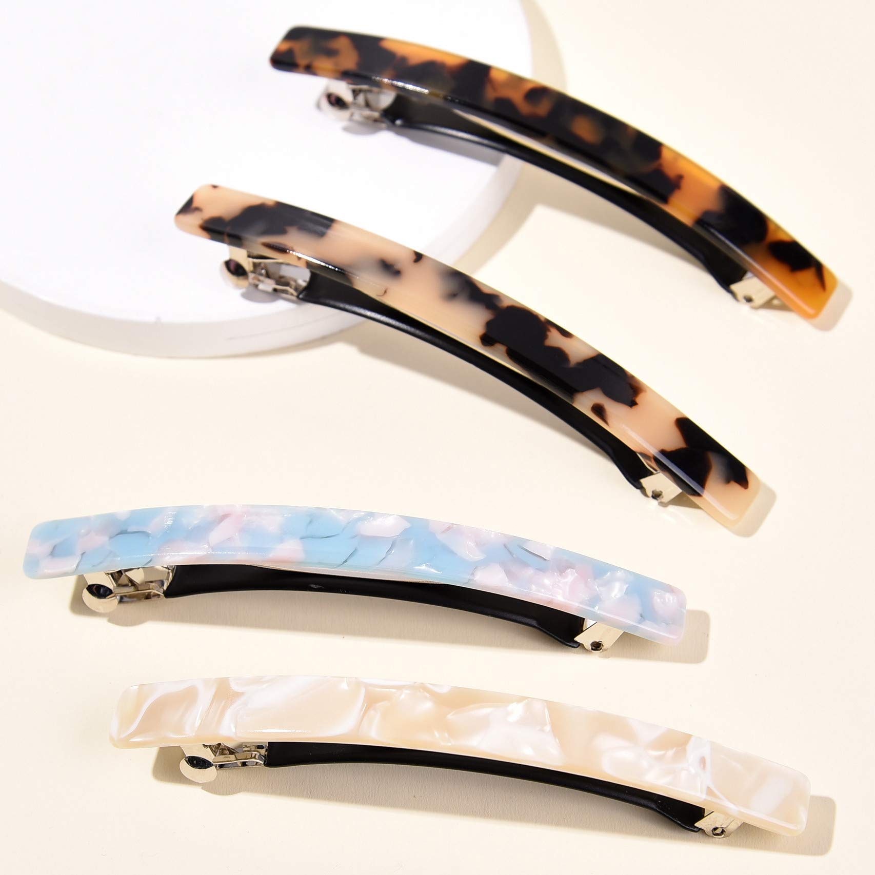FSMILING Long Skinny Barrettes Hair Clips - Large Automatic Tortoise Shell Hair Slides for Women & Girls (4 Pack) - Perfect for School, Work & Special Occasions