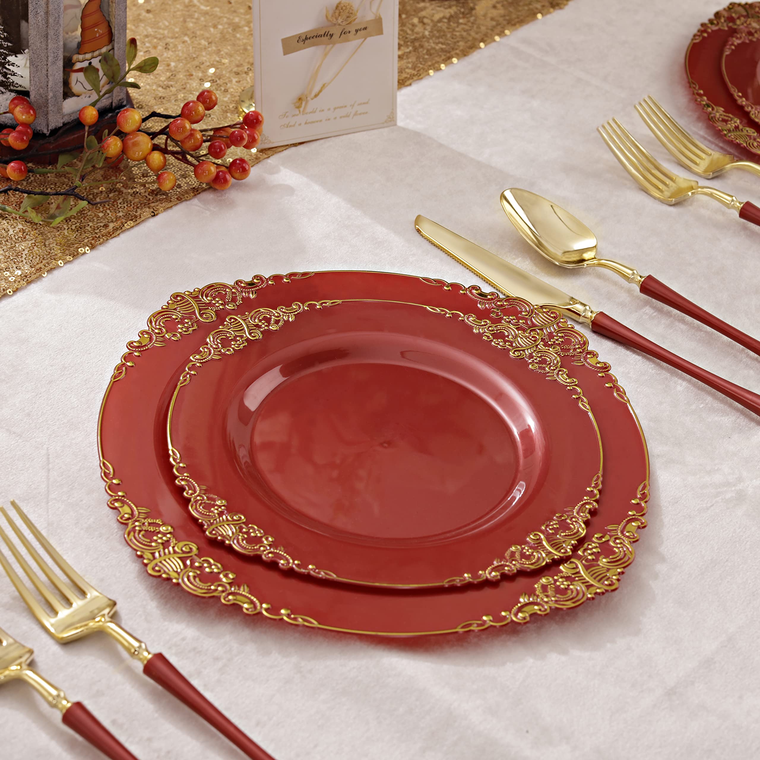 Liacere 50-Pack Disposable Red Plastic Plates Set - 25PCS 7.5 Inch Dessert Plates & 25PCS 10.25 Inch Dinner Plates with Gold Trim for Christmas Party, Wedding Reception, New Year Celebration, Birthday, BBQ, Picnic and Holiday Gatherings