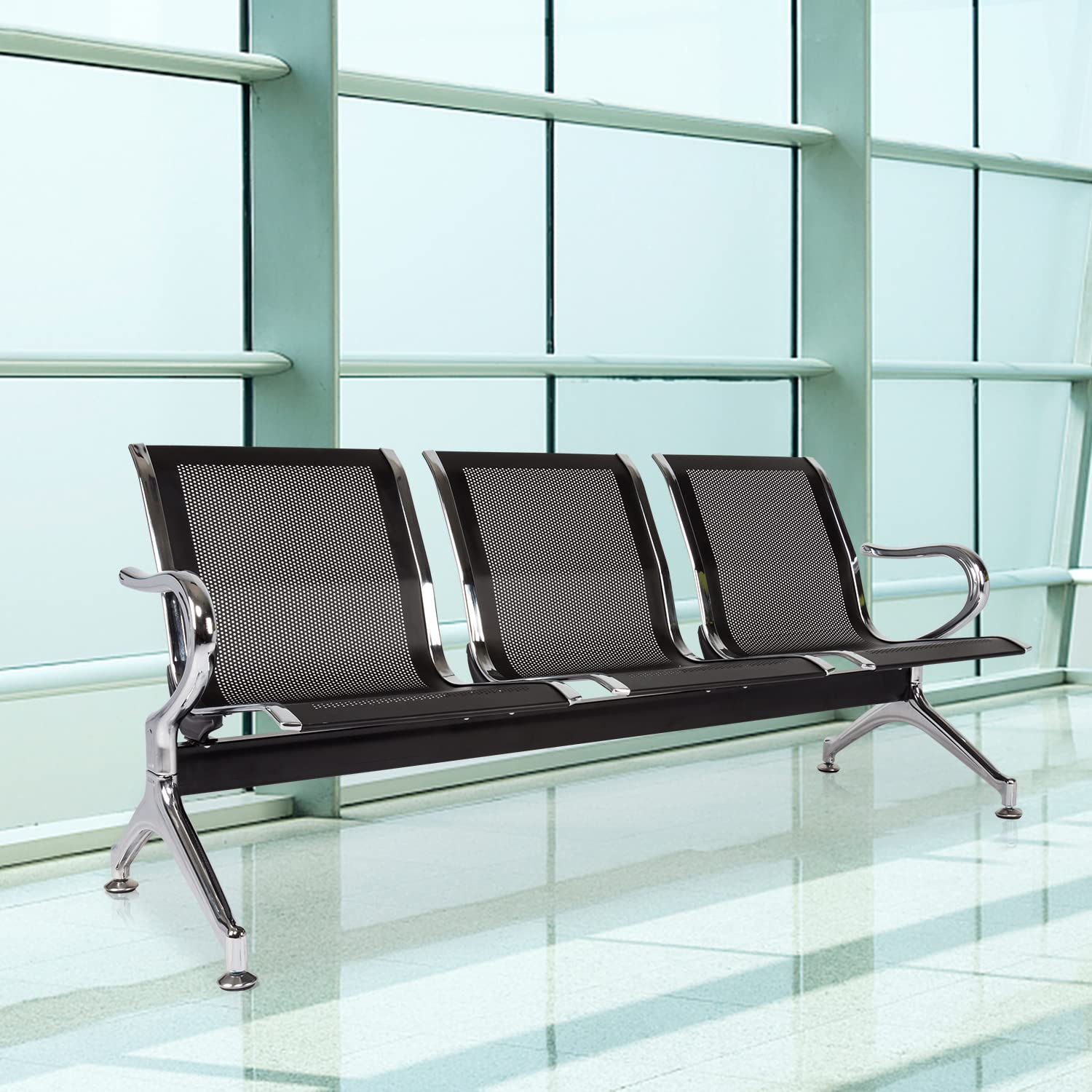 3-Seat Waiting Room Chairs with Arms - Durable Reception Bench for Airport, Hospital, Bank & Lobby - Comfortable Guest Seating for Waiting Areas, Schools & Barbershops (Black) - Perfect for High-Traffic Public Spaces & Commercial Environments