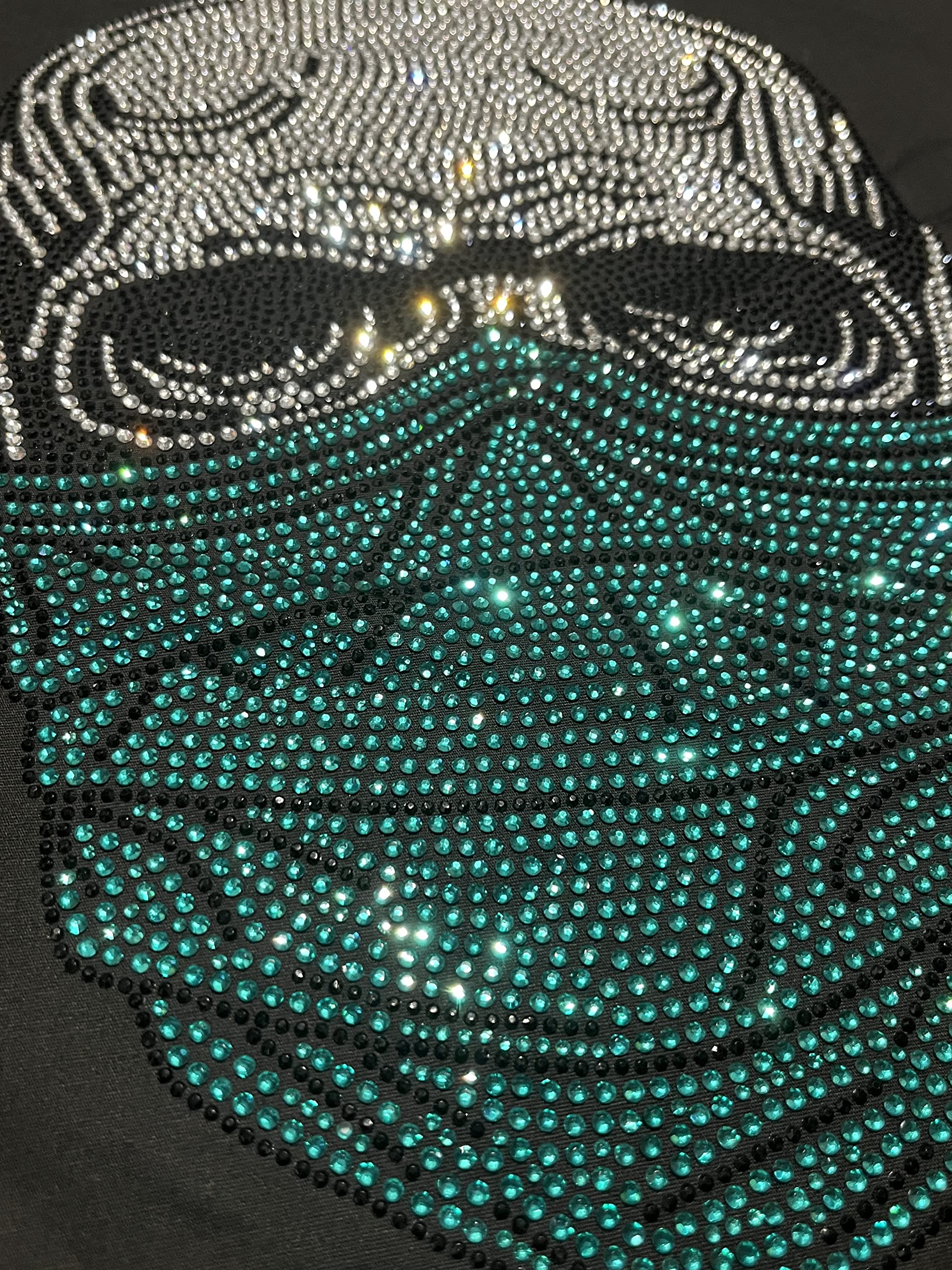Rhinestone Skull Heat Transfer Patch - Green Mask Iron-On with Hot Fix Crystals for DIY Apparel & Costumes | Perfect for Halloween, Cosplay, and Fashion Accessories