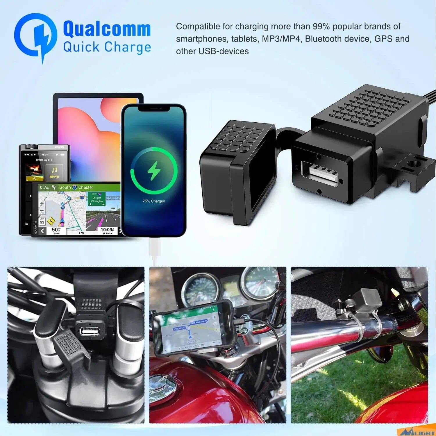 Motorcycle USB Charger - SAE to USB Power Adapter for Phone & GPS - Waterproof 12V Charging Port for Harley, Honda, Yamaha & More (Great for Road Trips & Commuting)