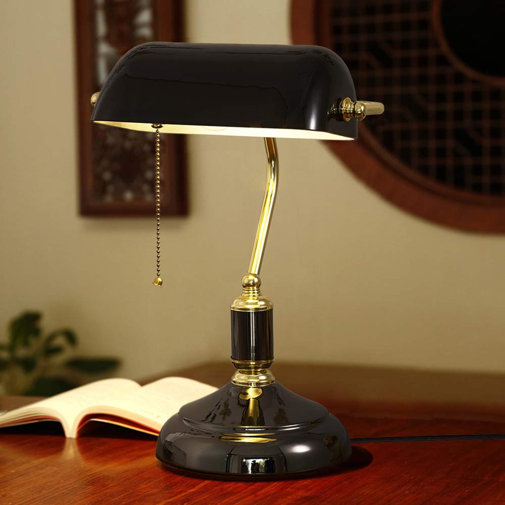 Vintage Bankers Lamp with Traditional Pull Chain Switch - Retro Brass Finish Gold Desk Lamp for Home Office, Study, Reading & Bedroom - Classic Black Shade for Warm Ambient Lighting