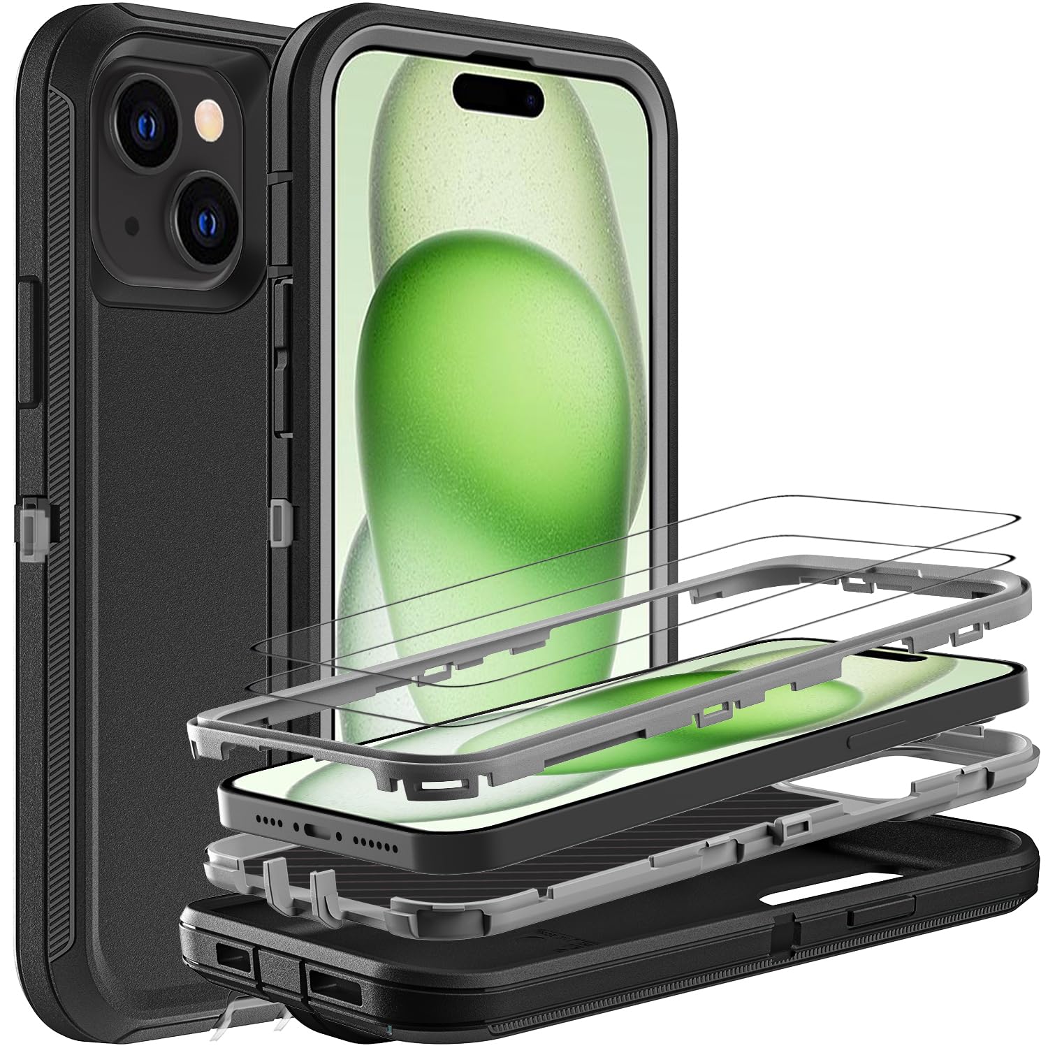 **Military Grade Shockproof iPhone 15 Plus Case – 3-in-1 Heavy Duty Drop & Dust Proof Cover with 2 Tempered Glass Screen Protectors (Black/Grey) – Perfect for Outdoor, Travel & Extreme Protection**