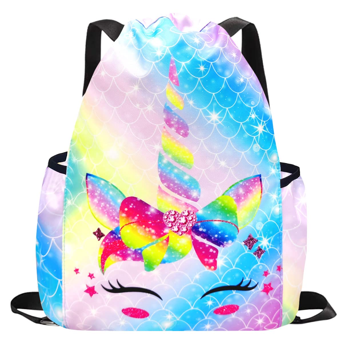 **Kids Drawstring Backpack - Lightweight Gym Dance Bag for Girls, Sports Sack with Two Water Bottle Holders - Perfect for School, Travel & Outdoor Activities**