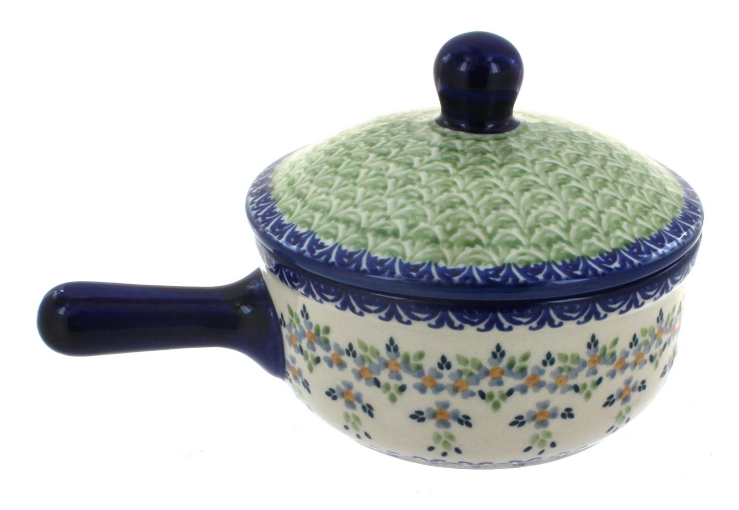 Handmade Blue Rose Polish Pottery Sauce Pot with Lid - Vintage Summer Vine Design - Perfect for Serving, Cooking & Kitchen Decor