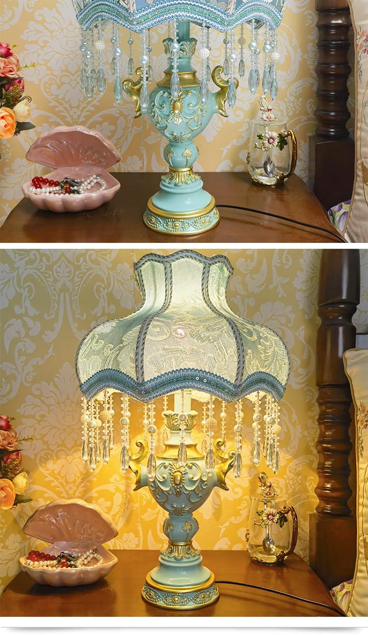 Victorian Style Dimmable Table Lamp - Elegant Jeweled Floral Fabric & Resin Desk Lamp for Living Room, Bedroom, Office | European Inspired Home Decor Lighting