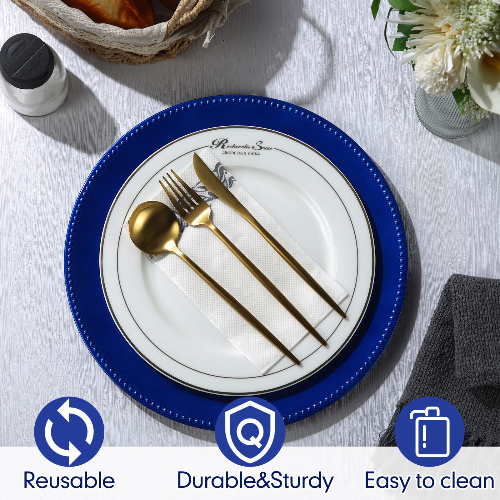 Gerrii 12-Pack 13-Inch Metallic Bead Charger Plates - Plastic Round Dinner Plates for Wedding, Party & Event Decor (Ocean Blue) | Elegant Table Setting for Formal Dinners, Bridal Showers & Holiday Celebrations