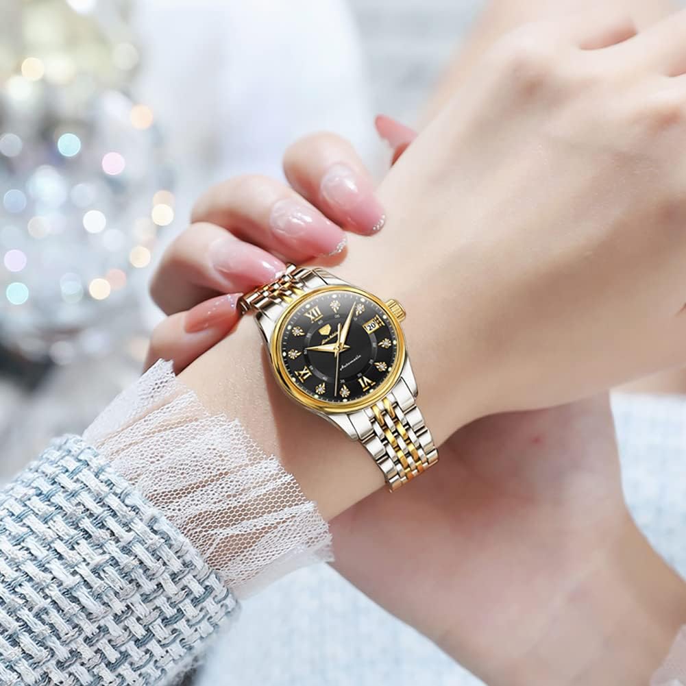 OLEVS Women's Luxury Automatic Diamond Watch - Self Winding Moon Phase Stainless Steel Dress Watch with Luminous Blue Dial & Waterproof - Perfect for Business, Evening Events & Gift Giving