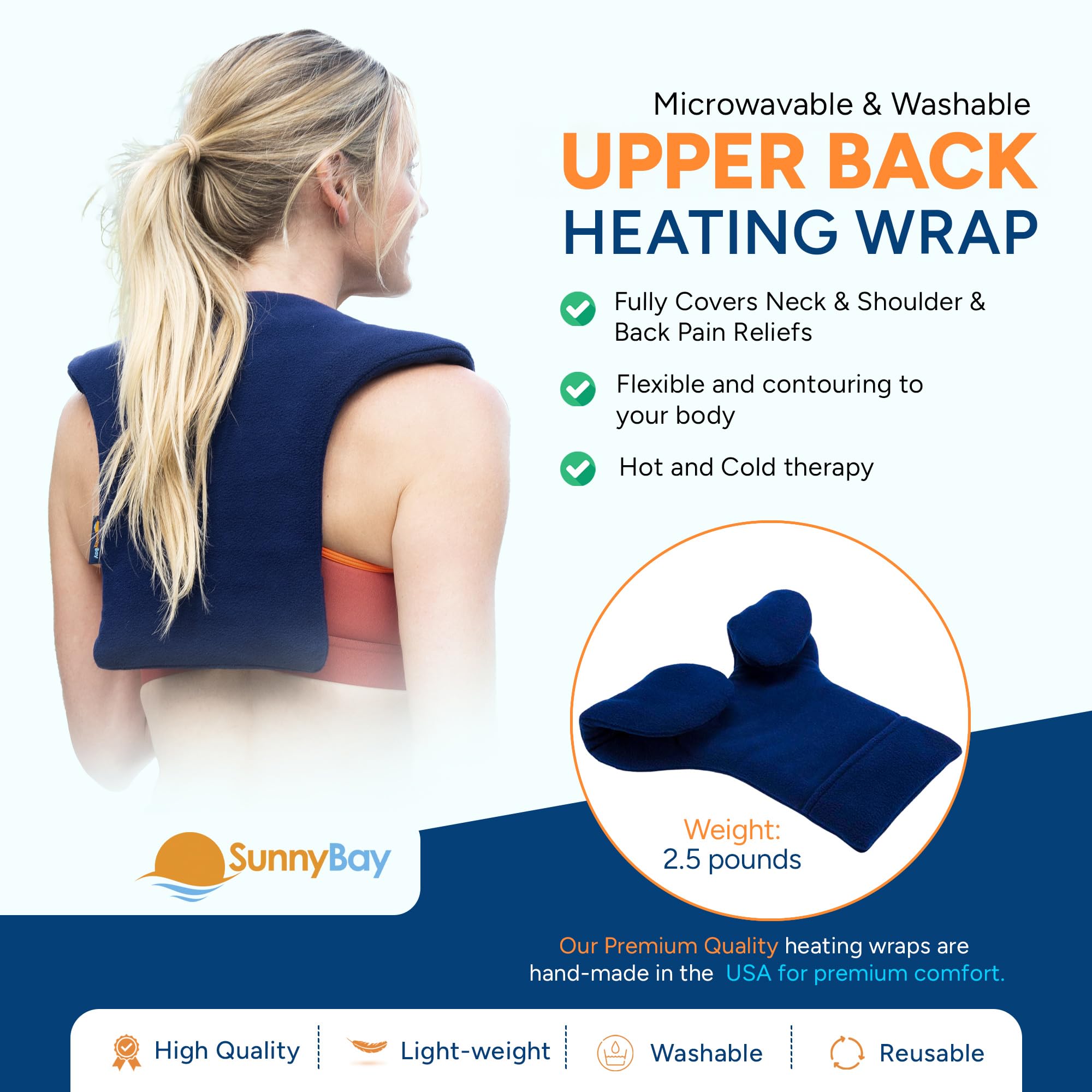 SunnyBay Weighted Microwaveable Heating Pad for Shoulder & Upper Back Pain Relief - Large Navy Blue Flax Seed Wrap with Washable Cover | Perfect for Neck Pain, Muscle Relaxation & Stress Relief at Home or Office