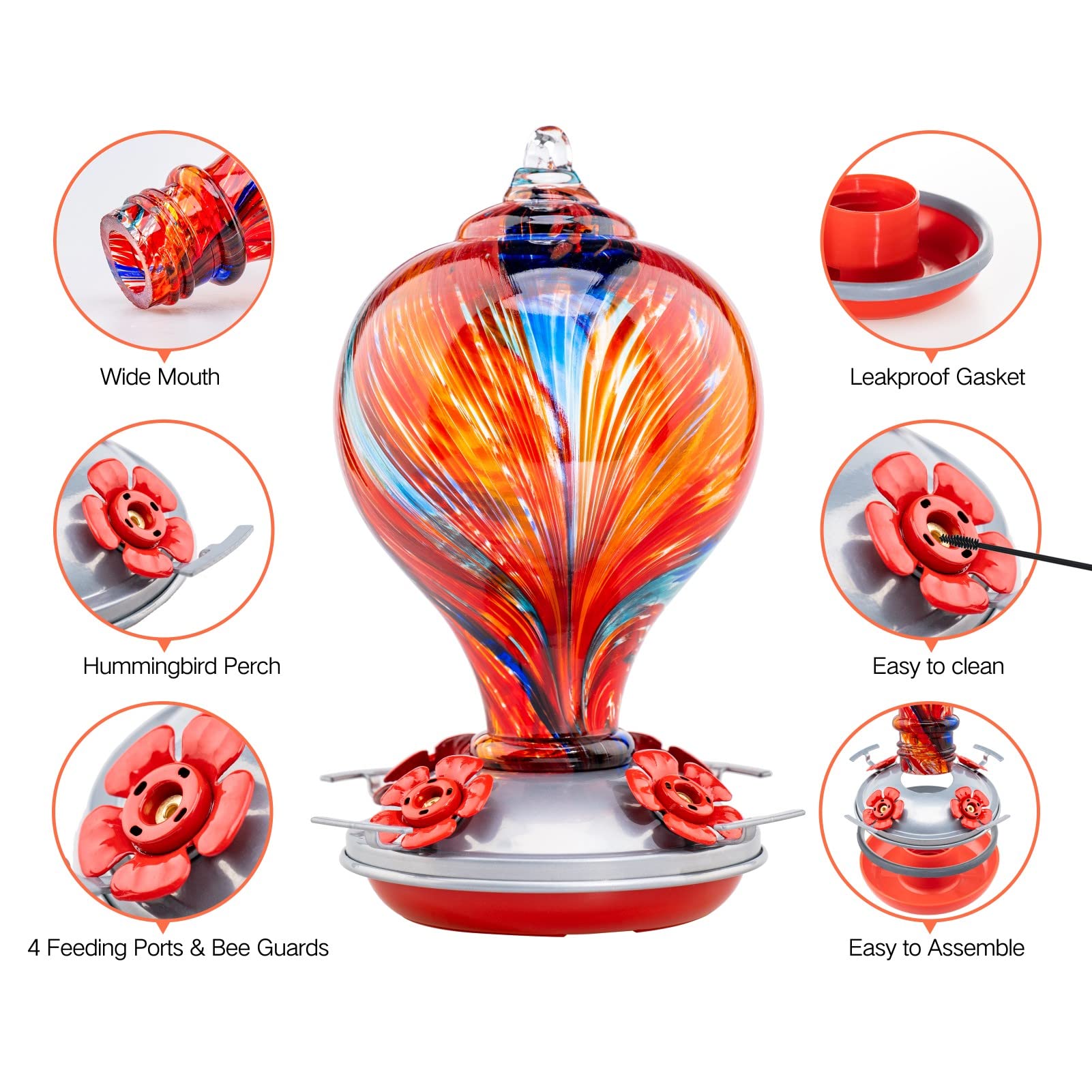 Premium Blown Glass Hummingbird Feeder - 32OZ Capacity with Vibrant Mexican Stripes Design for Garden & Backyard Decor | Attract Hummingbirds with This Elegant Muse Garden Feeder | Perfect for Outdoor Patio, Porch, and Bird Watching Enthusiasts