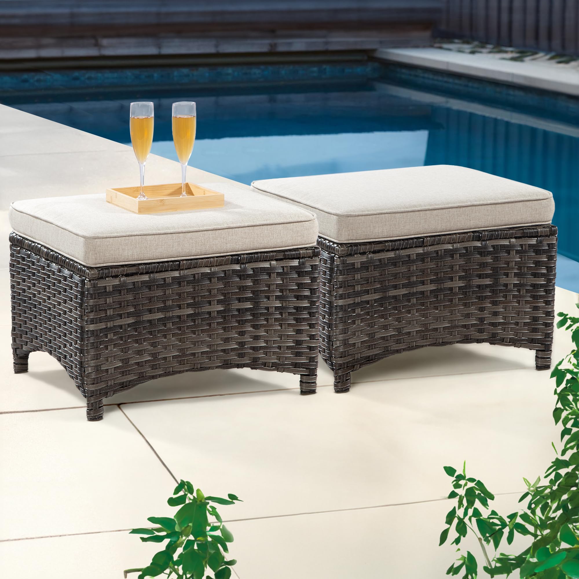 Joyside Outdoor Ottomans Set of 2 - PE Wicker Steel Frame Footstool with Removable Olefin Cushions for Patio, Garden, Backyard & Deck - Beige - Perfect for Relaxing, Entertaining & Outdoor Lounging
