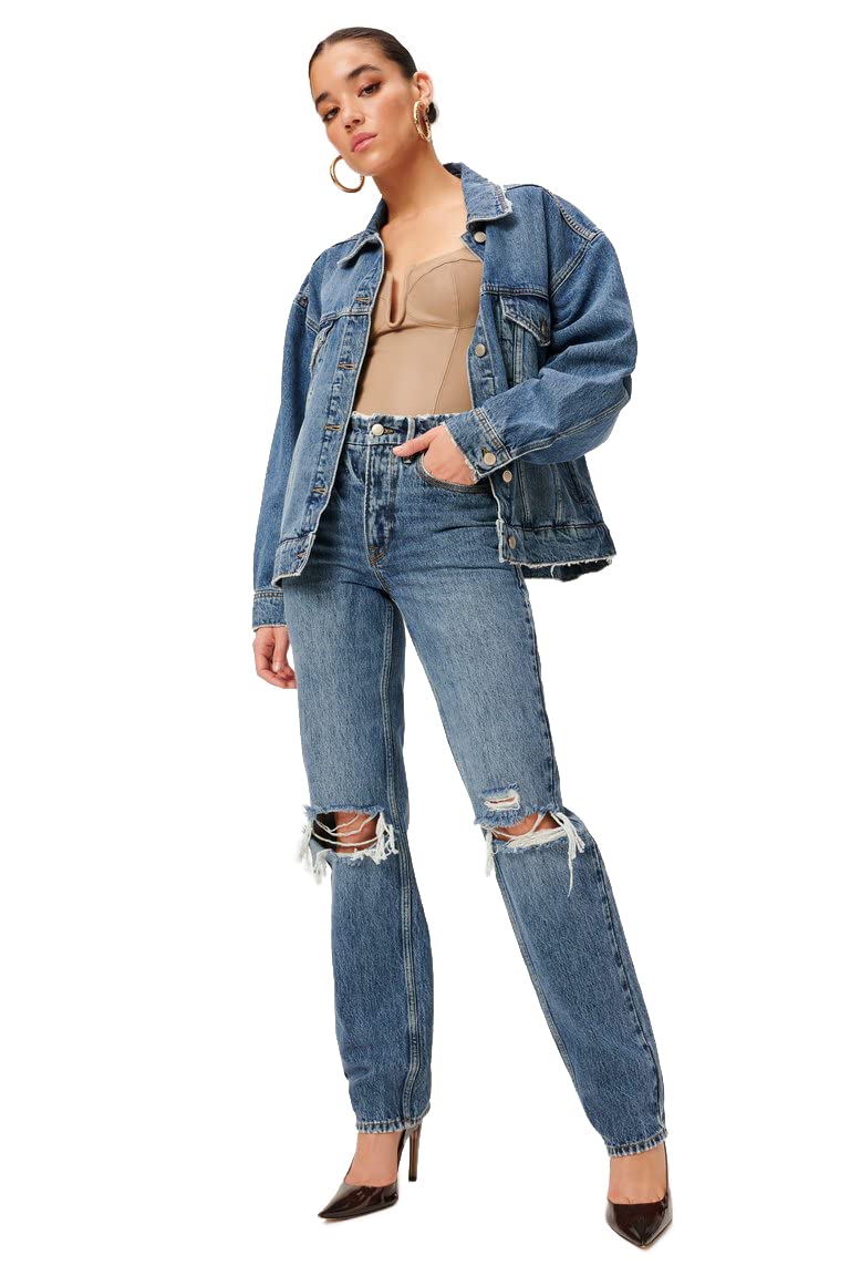 Good American Women's 90s High-Rise Destroyed Straight Leg Jeans - Vintage Distressed Denim for Casual Outfits & Streetwear Fashion