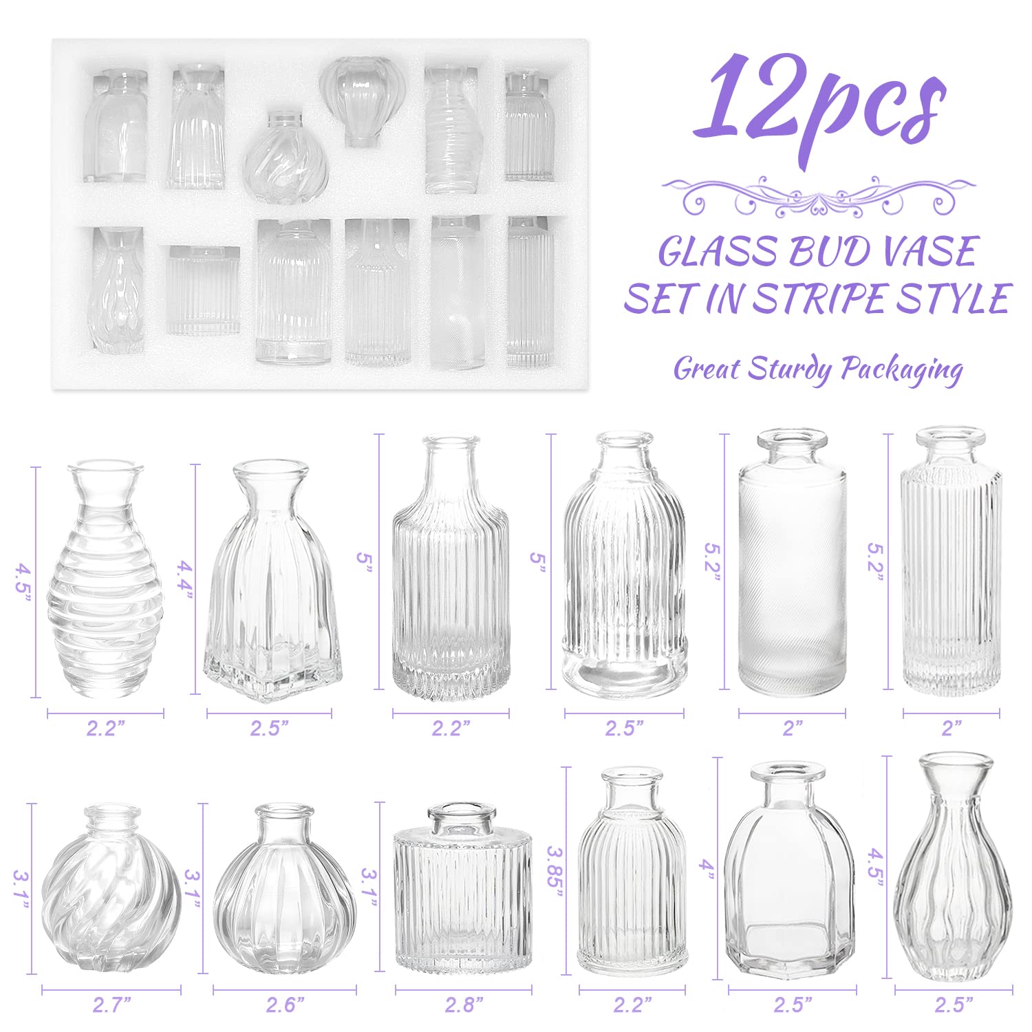 12-Piece Glass Bud Vase Set - Clear Striped Modern Flower Vases for Wedding Centerpieces, Home Decor & Party Table Decorations | Perfect for Floral Arrangements, Dining Table Centerpieces, and Gift Packaging