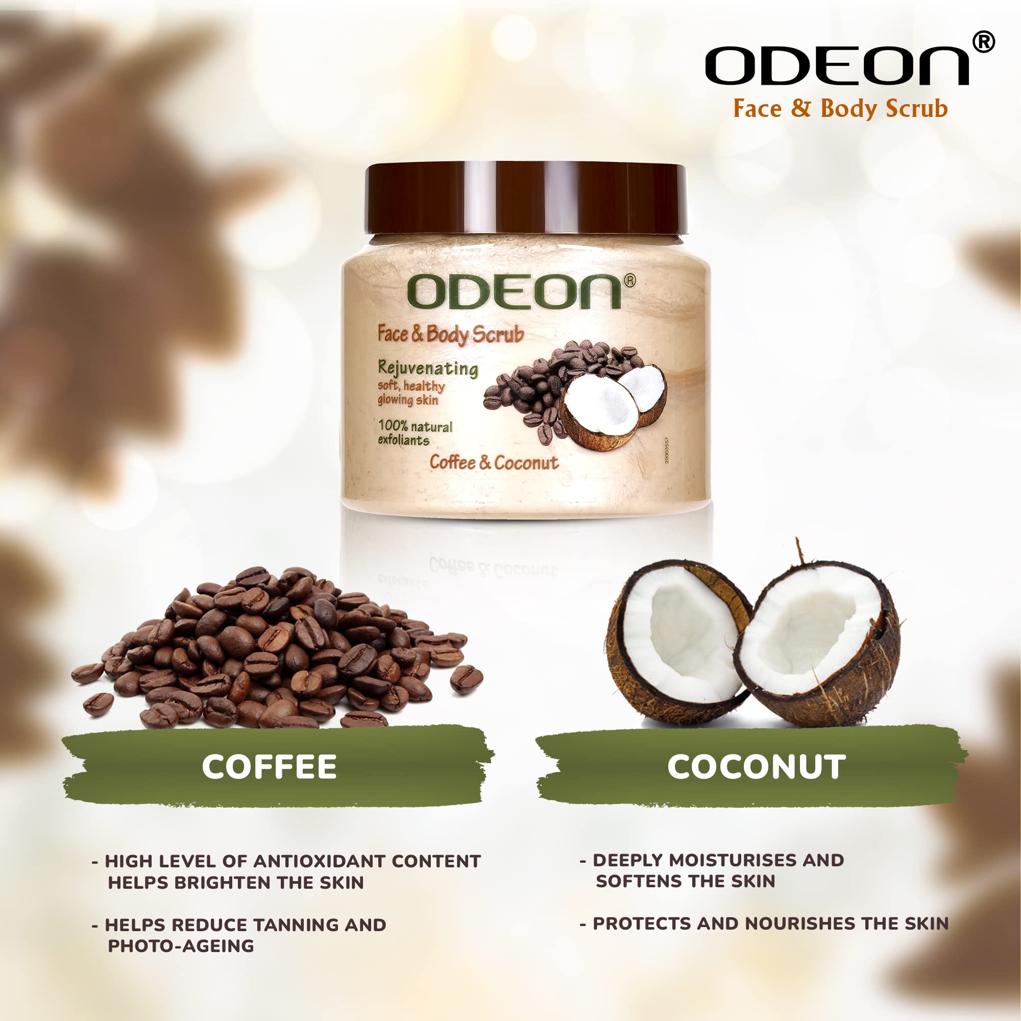 FREE Odeon Olive Body Lotion 100ml + Odeon Coffee Coconut Face & Body Scrub 300ml - Hydrating Skincare Duo for Dry Skin & Exfoliating Body Care