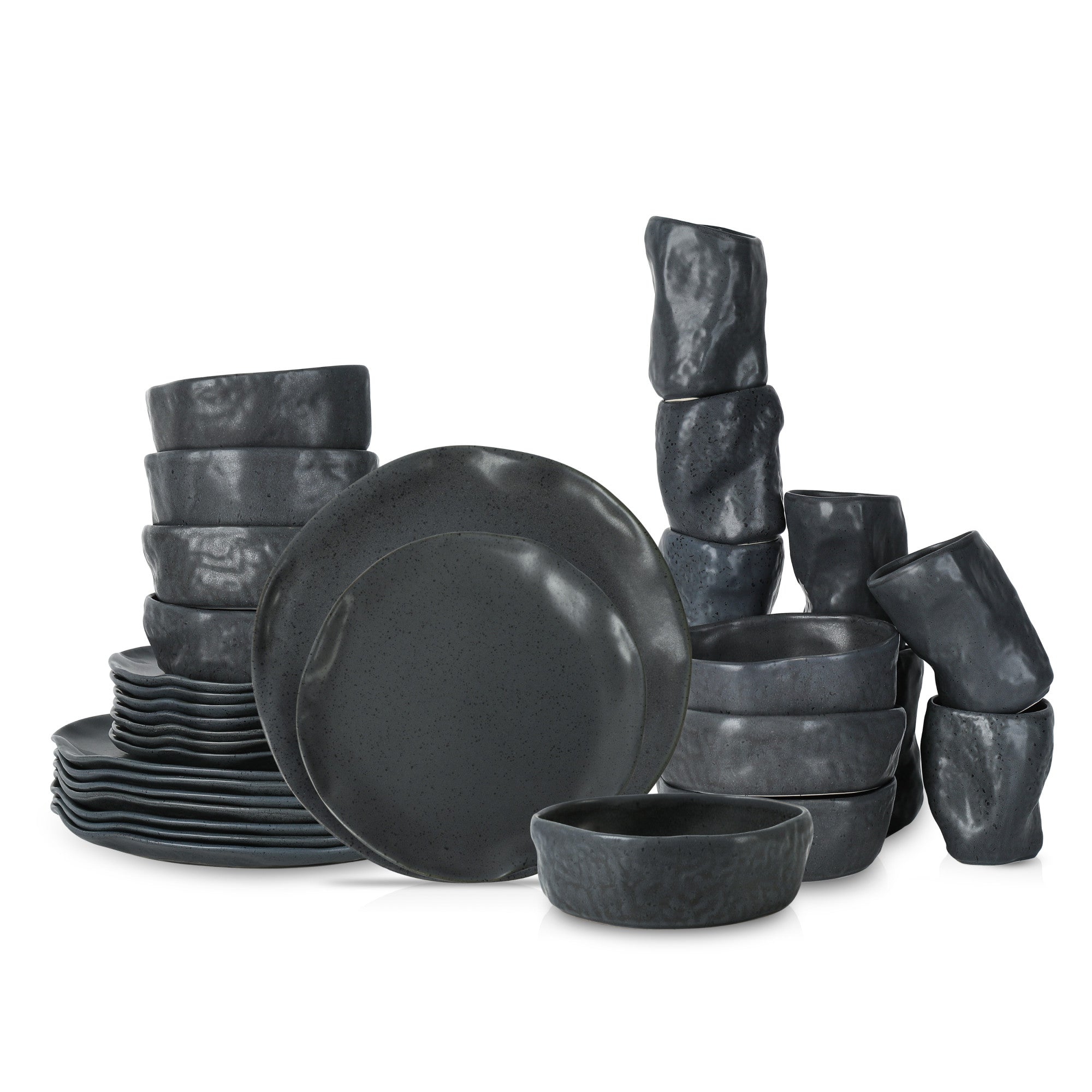 Premium Atik Stoneware Dinnerware Set - Charcoal Black Speckled Ceramic Plates & Bowls for Everyday Dining & Entertaining