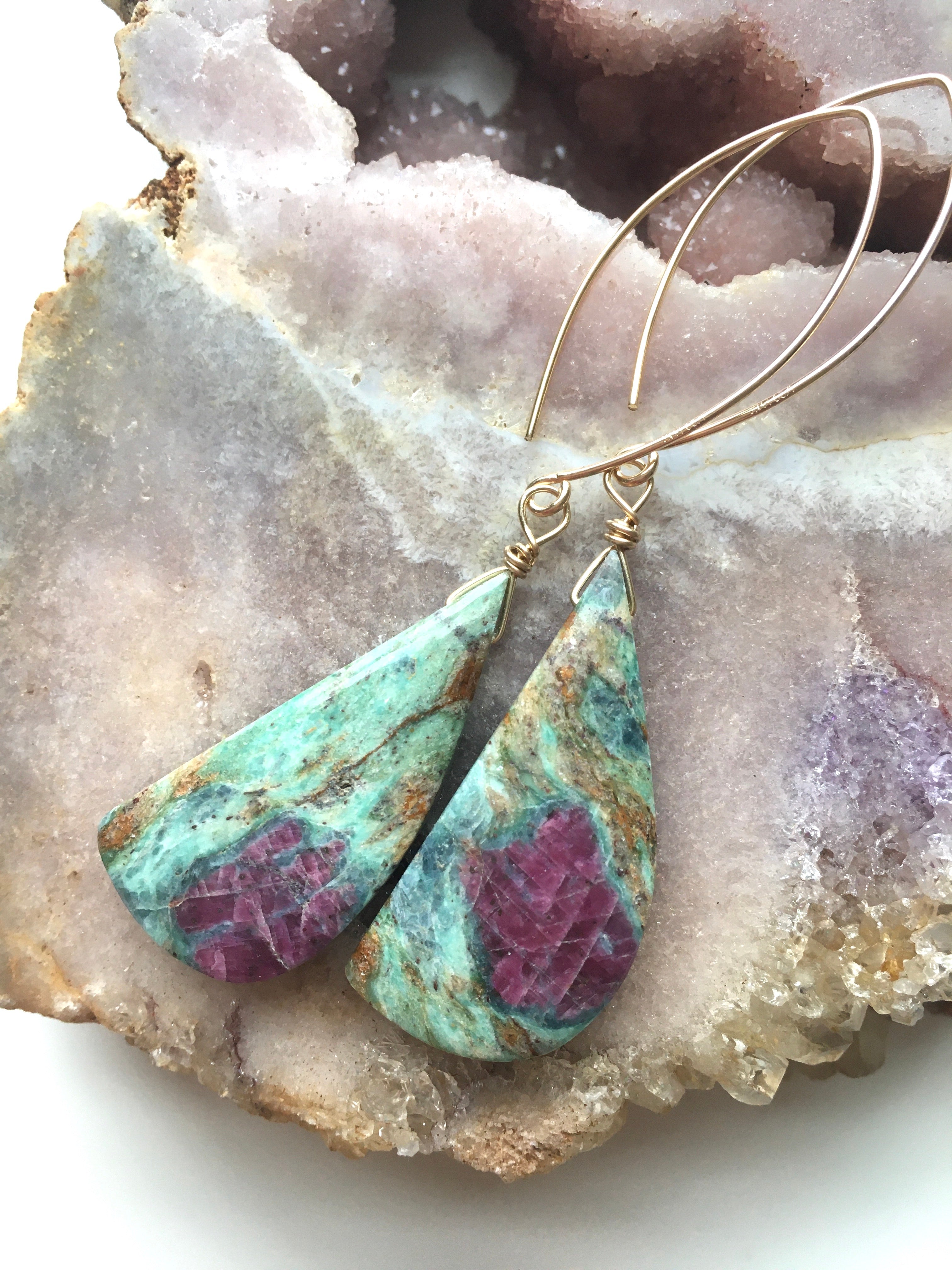 Large Statement Ruby in Fuchsite Earrings | Raw Crystal Stone Jewelry | July Birthstone Gift for Women | Elegant Dangle Earrings for Weddings, Parties & Special Occasions
