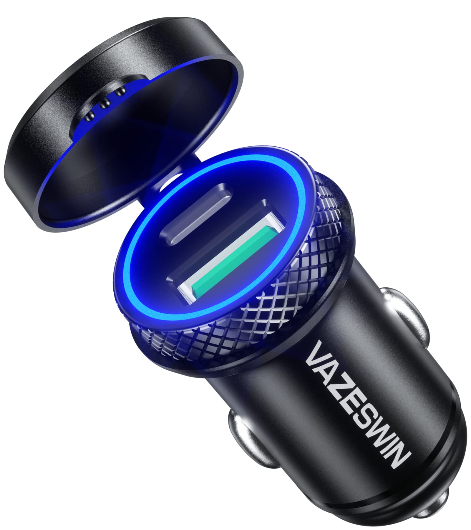VAZESWIN 60W USB C Car Charger - Super Fast 5A Dual Port QC3.0 & PD Charging Adapter with Blue LED & Protective Cover - Perfect for iPhone, Samsung, iPad & More - Ideal for Road Trips & Daily Commutes