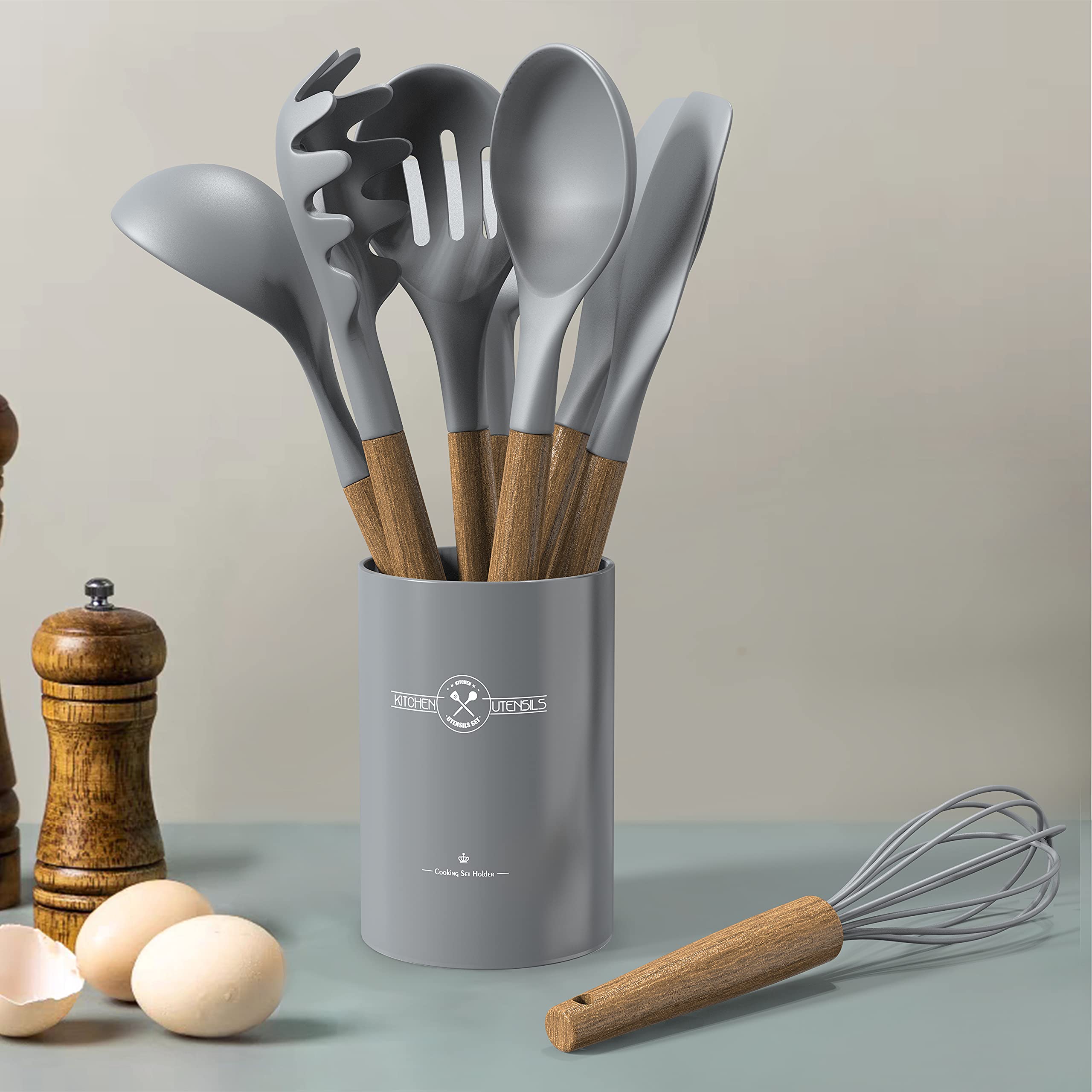 9Pcs Silicone Kitchen Utensil Set with Wooden Handle - Heat Resistant for Nonstick Cookware - Perfect for Baking & Cooking