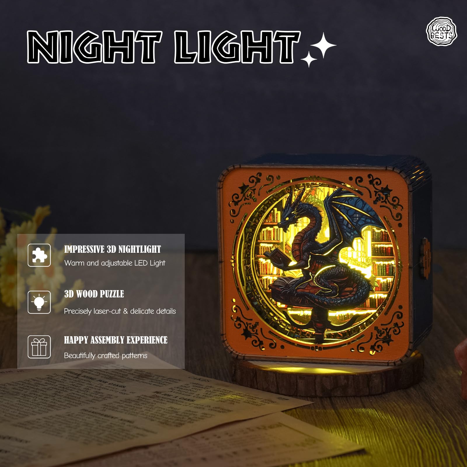 WOODBESTS 3D Wooden Puzzle Night Light - DIY Library's Dragon Puzzle for Adults & Seniors - Exquisite Desk Decor for Puzzle Lovers - Perfect for Bedroom, Study Room & Gift Giving