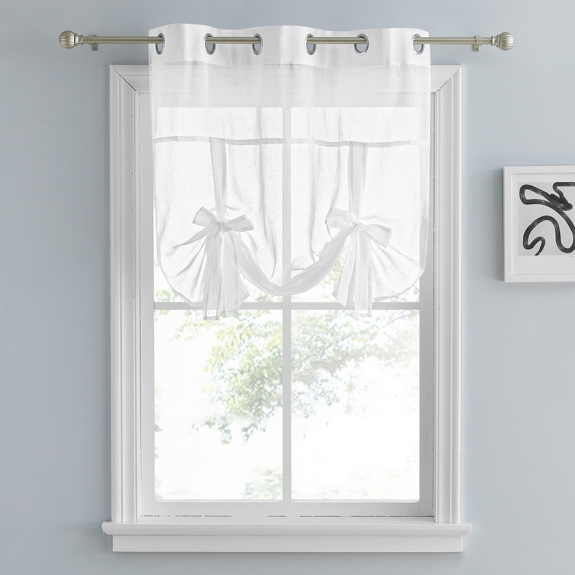 PONY DANCE Semi-Sheer Linen Look Kitchen Window Curtains - 42x54 Inches Tie Up Shade Valance Panel for Small Windows, White (1 Piece) - Perfect for Kitchen, Bathroom, and Dining Room Decor