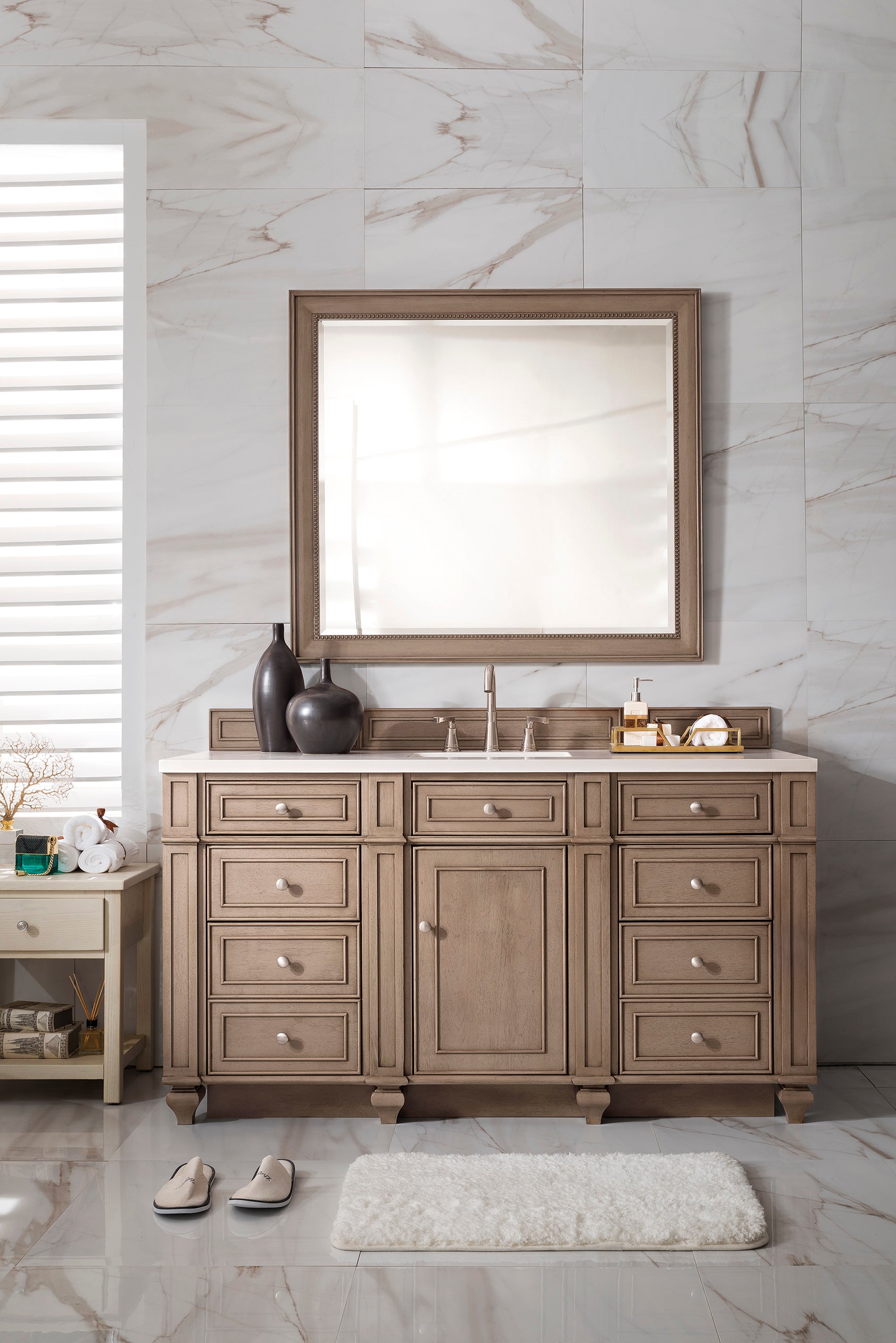 Bristol 60 Inch Single Bathroom Vanity Set with Whitewashed Walnut Finish & 3CM Classic White Quartz Countertop - Perfect for Modern Farmhouse, Coastal, or Transitional Bathroom Designs