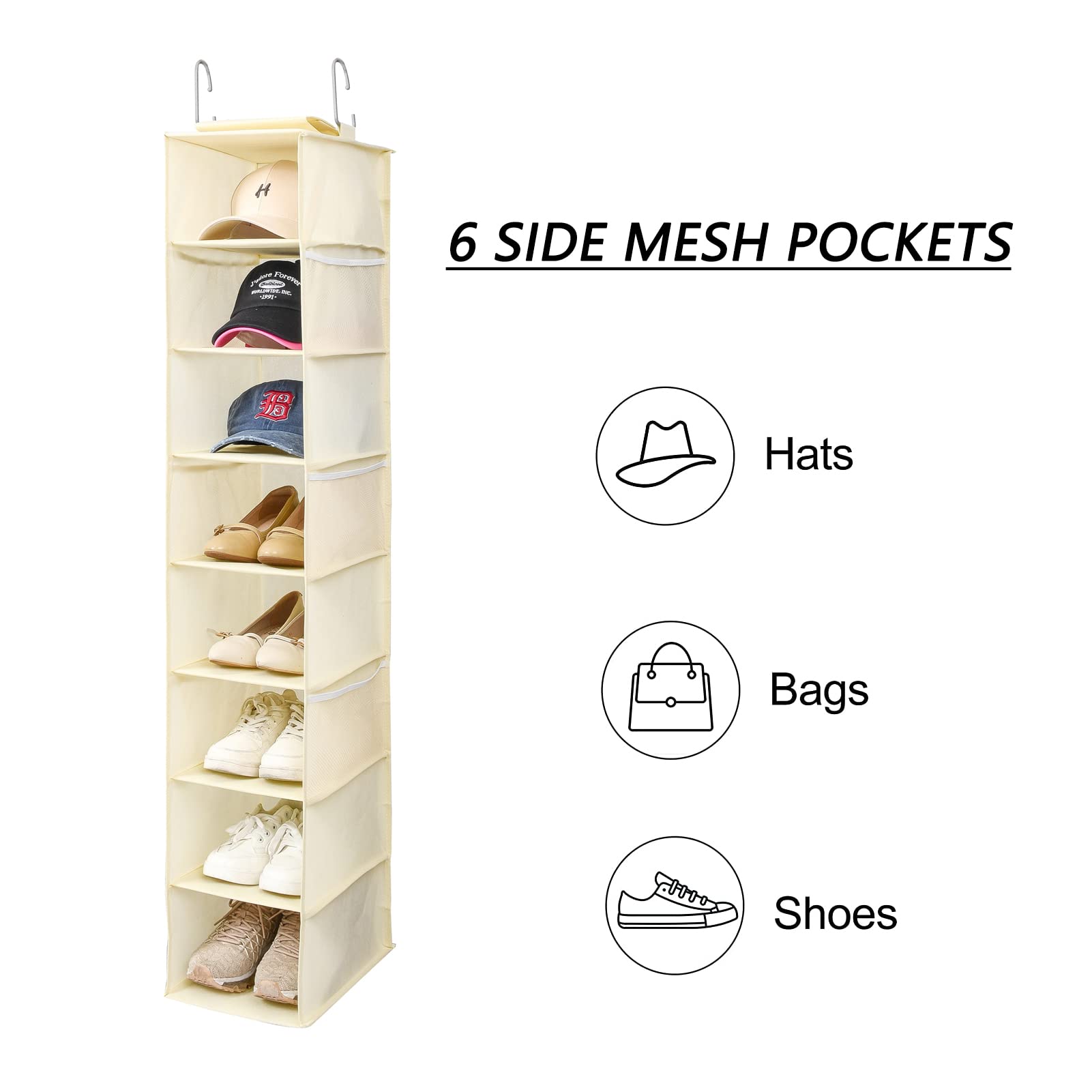 Hanging Shoe Organizer for Closet with Side Mesh Pockets - 8-Shelf Beige Shoe & Hat Storage Holder - Perfect for Baseball Caps, Sneakers & Accessories - Space-Saving Closet Organizer (1 Pack)