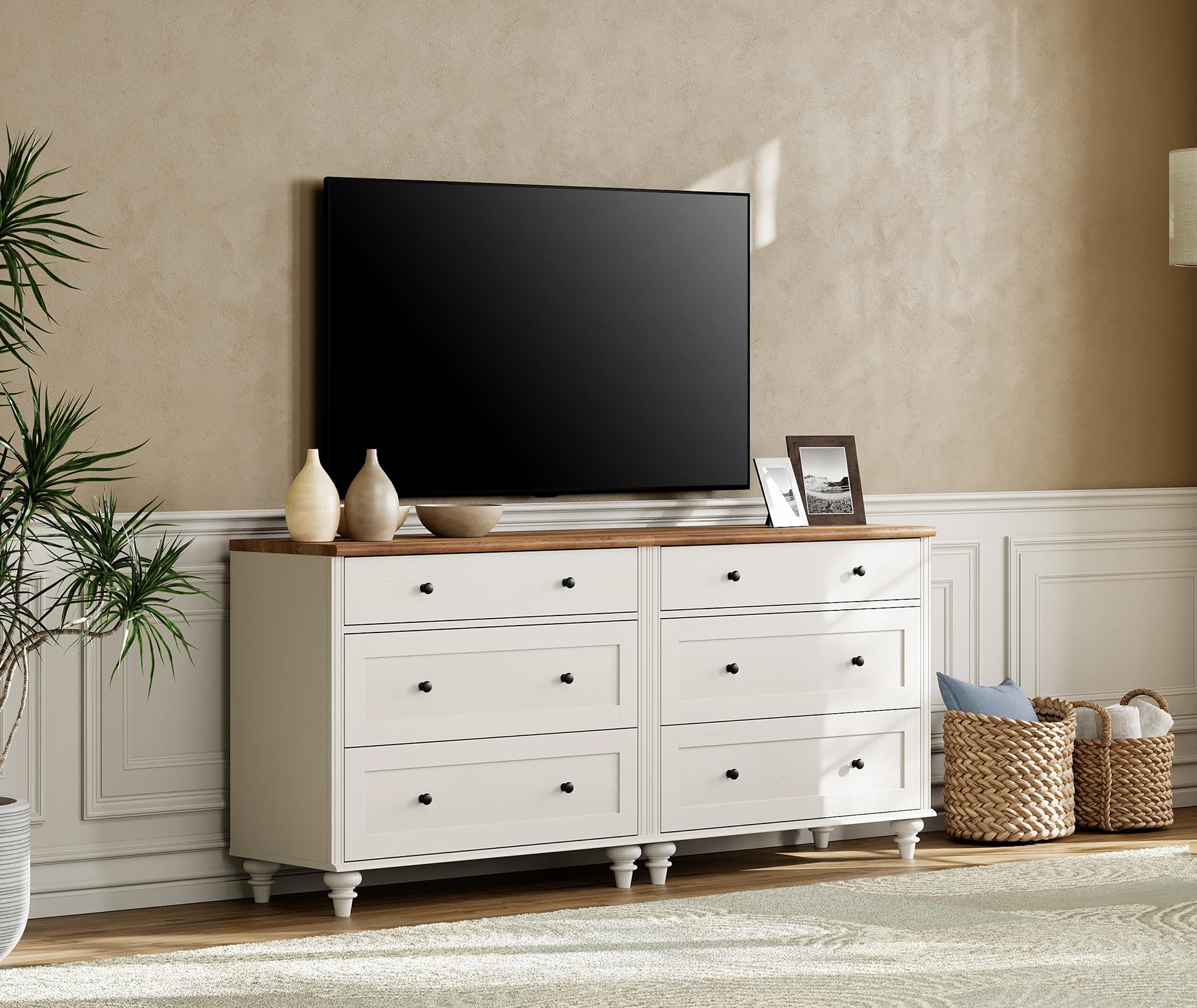 WAMPAT White 6-Drawer Dresser for Bedroom - Mid Century Modern Wooden Chest of Drawers, Wide Storage Organizer for Nursery, Living Room & Hallway | Perfect for Kids' Room, Closet Organization & Home Decor