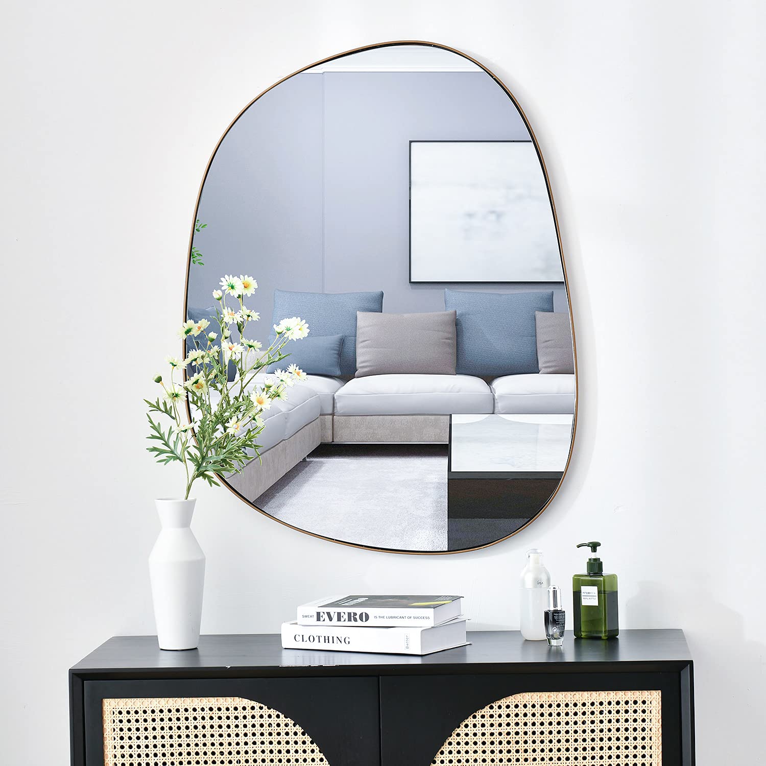 27x35 Inch Modern Brass Framed Asymmetrical Wall Mirror - Unique Decorative Mirror for Living Room, Bathroom, Bedroom & Entryway | ELE-STOU-0063G | Perfect for Modern Home Decor, Vanity Makeup Area & Interior Design Accent