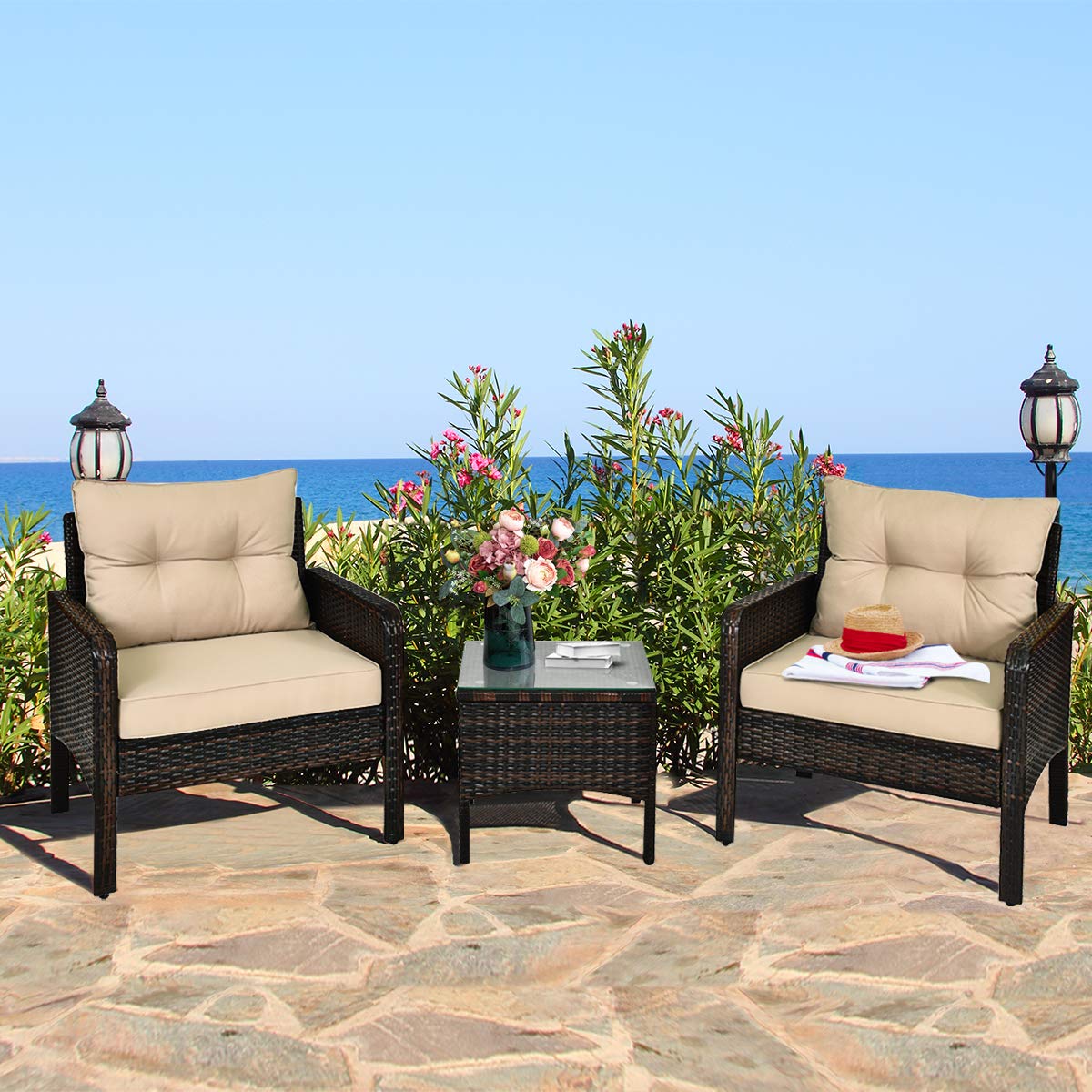 **HAPPYGRILL 3-Piece Outdoor Patio Furniture Set - Rattan Wicker Coffee Table & Chairs with Cushions - Perfect for Garden, Balcony, Backyard, Poolside & Outdoor Relaxation**