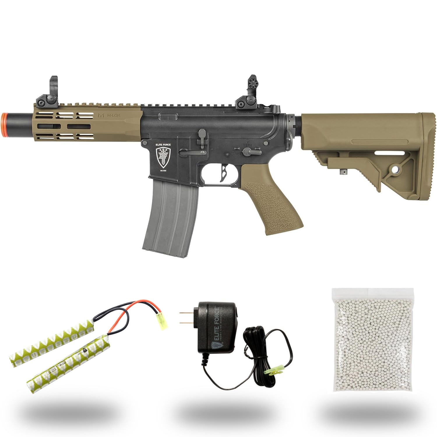 Elite Force M4 AEG Automatic 6mm BB Airsoft Rifle - CQC Tactical Gun in Black/Tan - Perfect for Airsoft Battles, Target Practice & Military Simulation