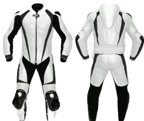 MATAGEAR Men's CE Approved Motorcycle Racing Suit - White & Black One-Piece Leather Suit with Armor Protection (Large) for Track Racing & Street Riding