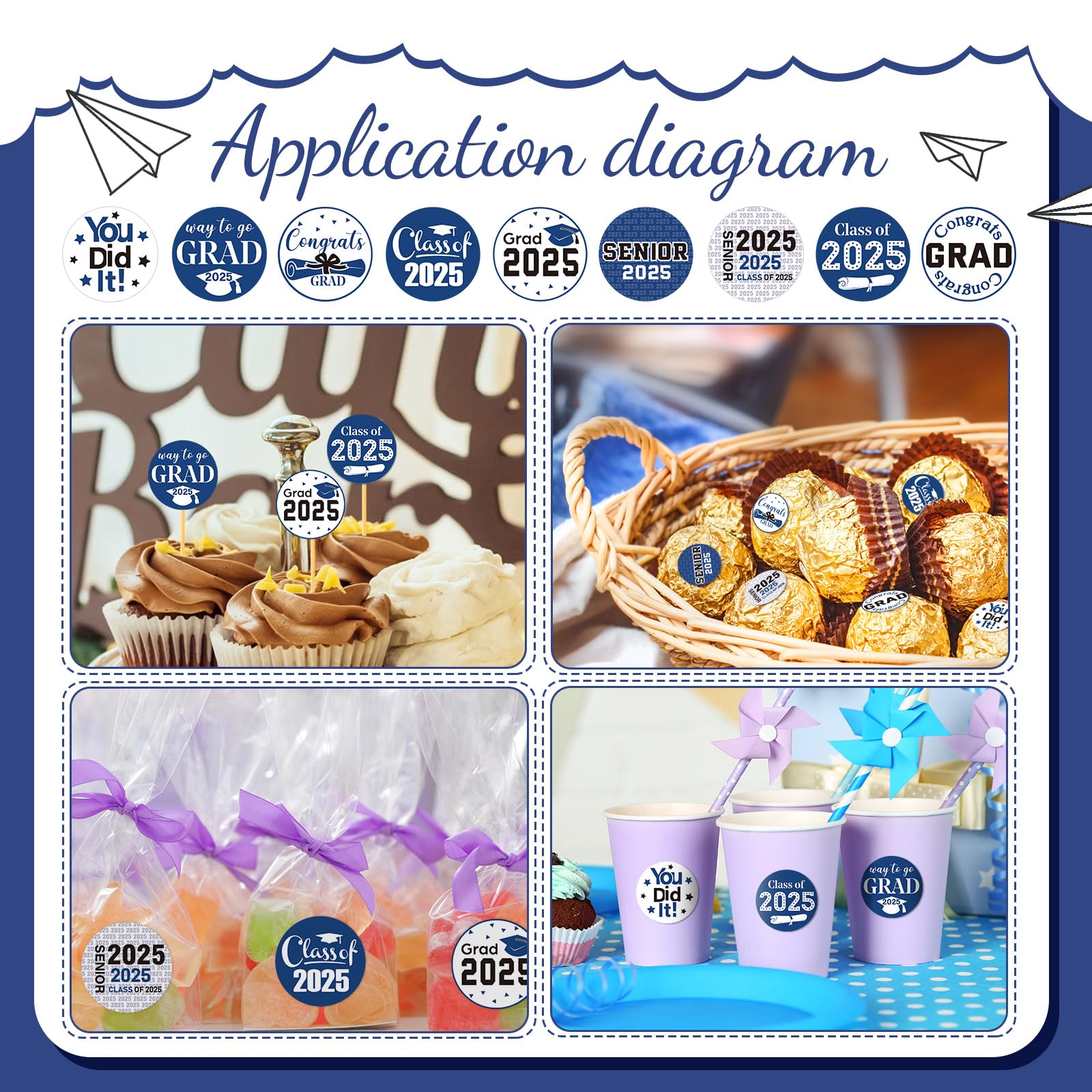 Chinco 504-Piece 2025 Graduation Stickers Set - Congrats Grad Senior Class of 2025 Party Supplies - Candy Labels & Chocolate Stickers for High School, College, Doctorate Graduation Celebrations (Blue) - Perfect for Graduation Party Decorations, Gift Wrapping & Dessert Toppers