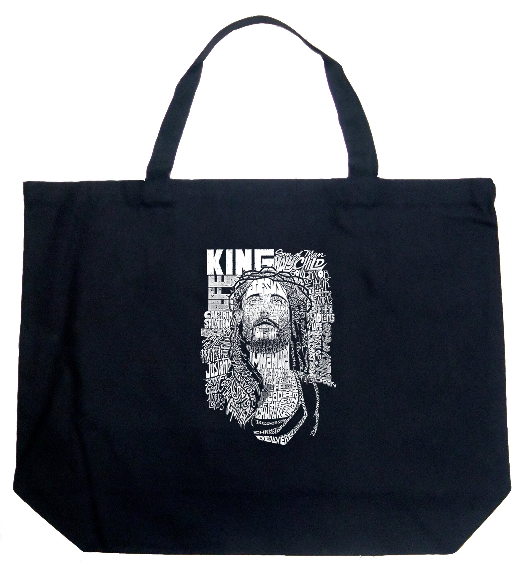 LA POP ART Word Art Large Tote Bag - Names of Jesus Black Canvas Shopping Bag | Religious Gift, Bible Study Accessory, Church & Worship Use