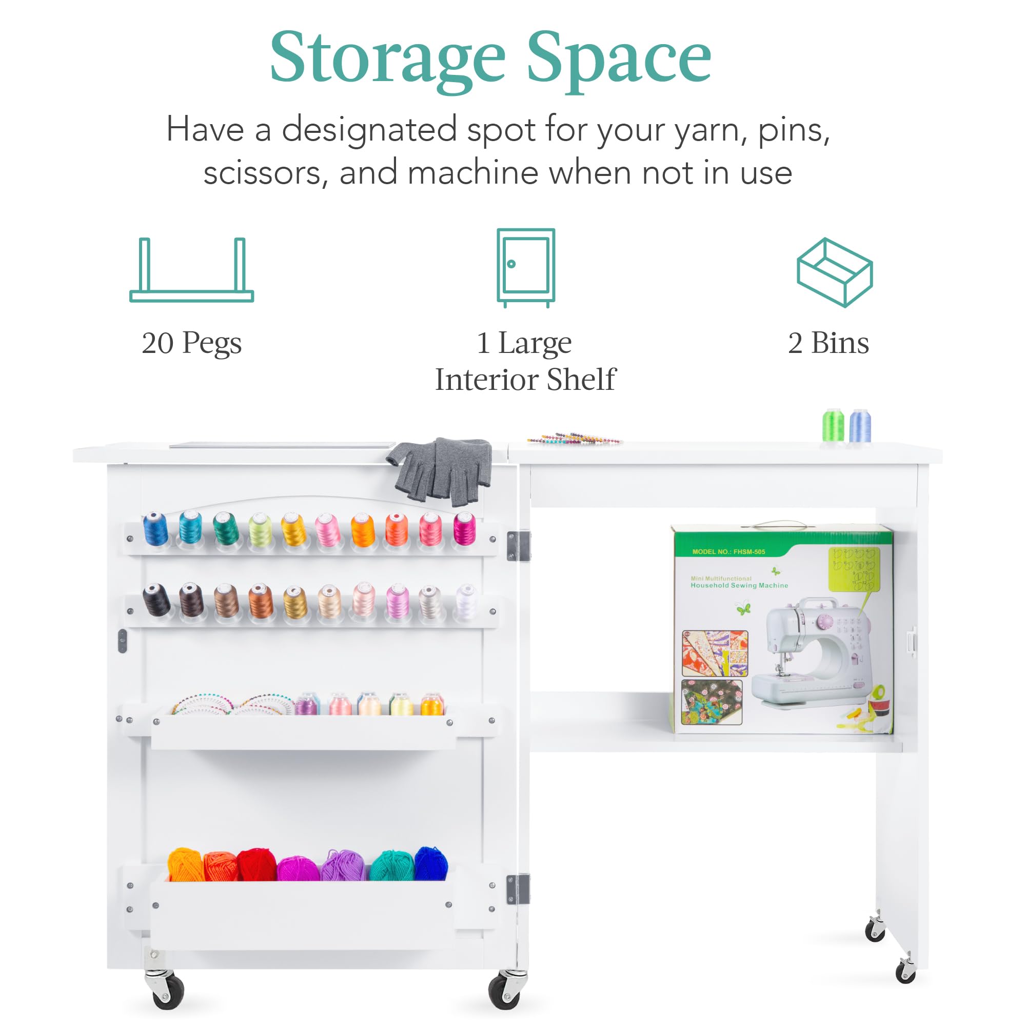 Best Choice Products Folding Sewing Table - Multipurpose Craft Station & Side Desk with Wheels, Shelves, Storage Trays - Compact Design for Small Spaces - Perfect for Sewing, Quilting, Scrapbooking & DIY Projects - White
