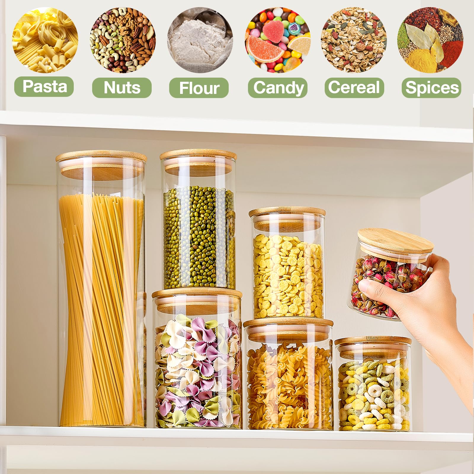 7-Pack Thicker Glass Food Storage Containers with Airtight Bamboo Lids - Clear Pantry Jars for Pasta, Nuts, Coffee, Tea, Spices & Dry Foods - BPA-Free Kitchen Organization Set - Perfect for Meal Prep, Baking & Pantry Storage