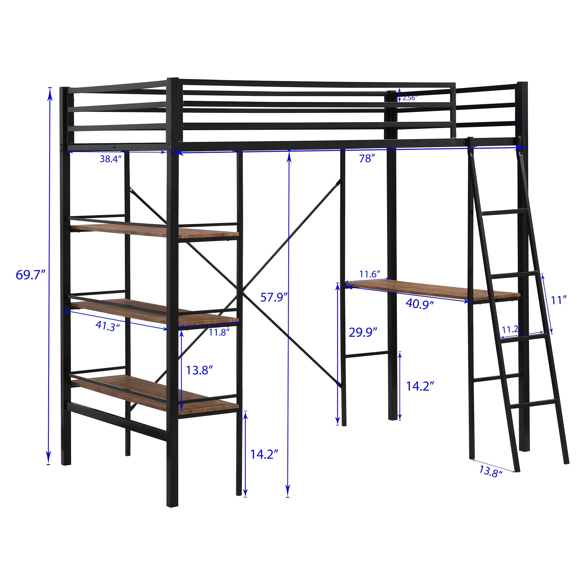 Metal Twin Loft Bed with Storage Shelf & Desk - Full-Length Guardrail, Space-Saving Design - No Box Spring Needed - Perfect for Kids Rooms, Dorms & Small Apartments