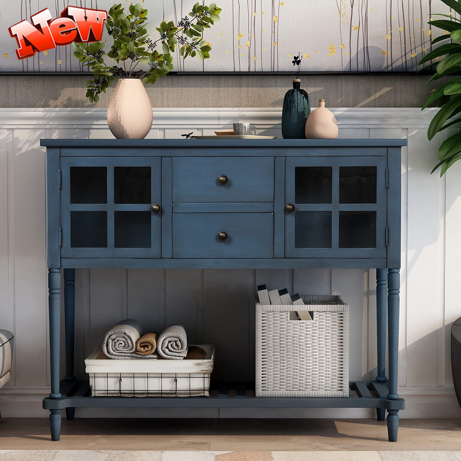 Rustic Wood Console Table with Drawers & Doors - Farmhouse Entryway & Living Room Storage