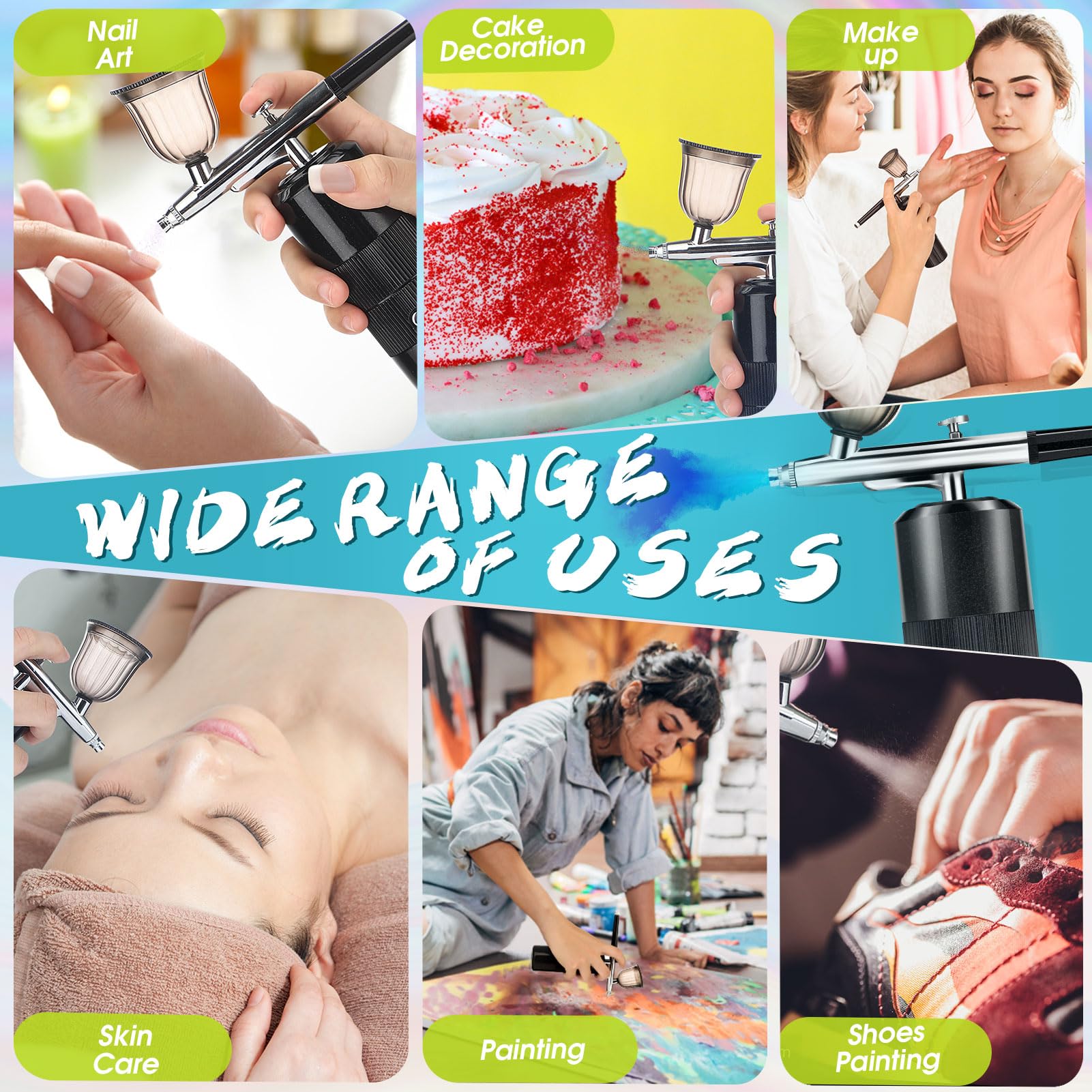 Professional Cordless Airbrush Kit with Air Compressor - Portable Nail Art & Cake Decorating Airbrush Gun, Food Safe Aerografo for Makeup, DIY Crafts & Home Baking - Perfect for Salon, Home Use & Professional Artists (Black)