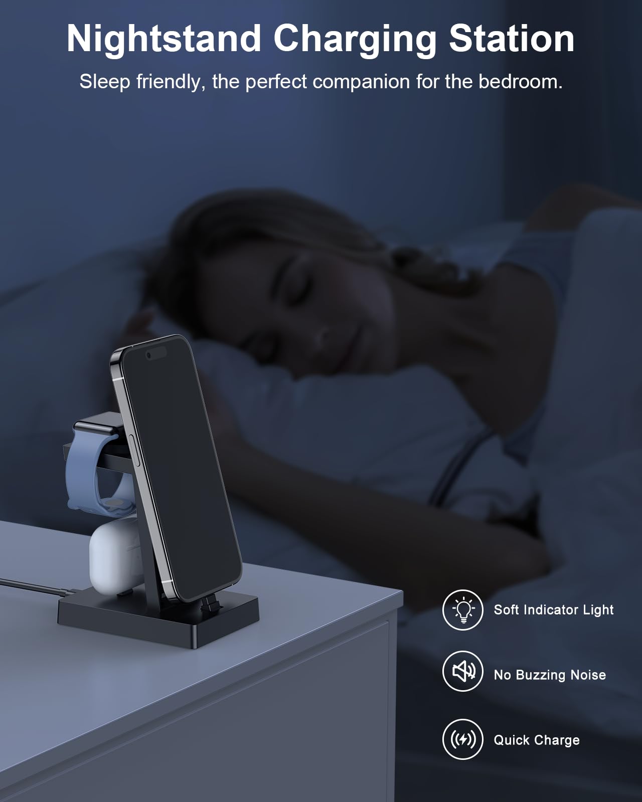 3-in-1 Wireless Charging Station for Apple Watch Series 8/7/6/5/4/SE, iPhone 14/13/12/11/XR/8/7 Plus & AirPods - Fast Charging Dock with Nightstand Mode for Bedroom, Office and Travel